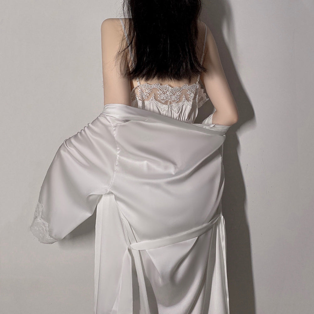 Satin Lace Sexy Deep V Camisole Nightwear Lace-up Lingerie Solid Color Robe Home Wear Set White