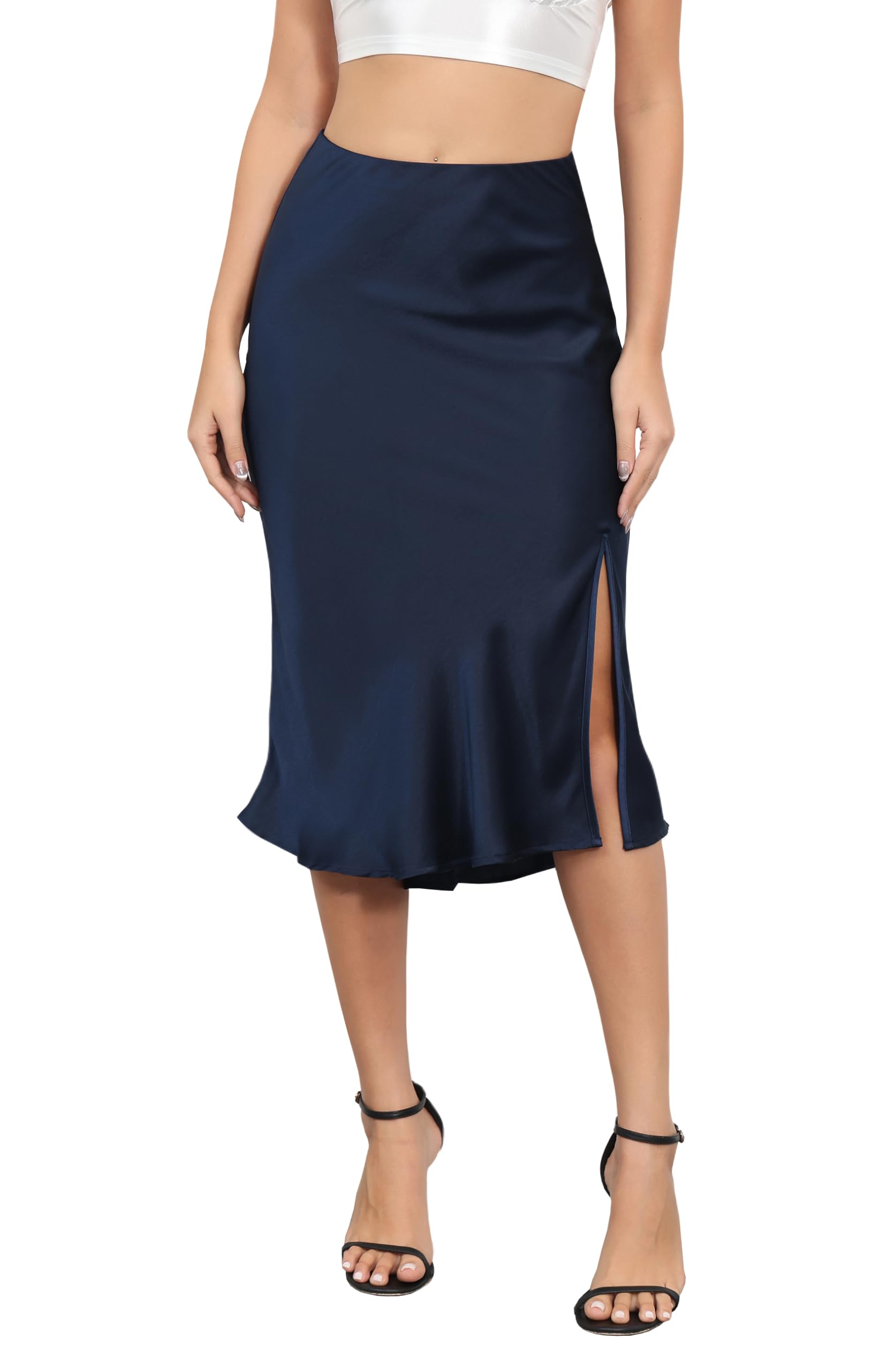 Mist Azur skirts Women Silky Satin Midi Skirt with Slit