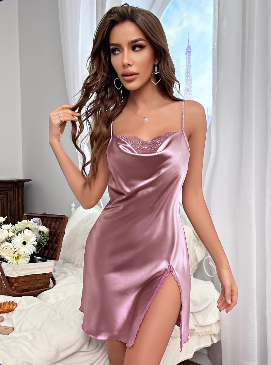 Women Lingerie Silky Spaghetti Strap Chemise Nightgown Lace Cowl Neck Side Slit Midi Dress Sleepwear Negligee 3907
