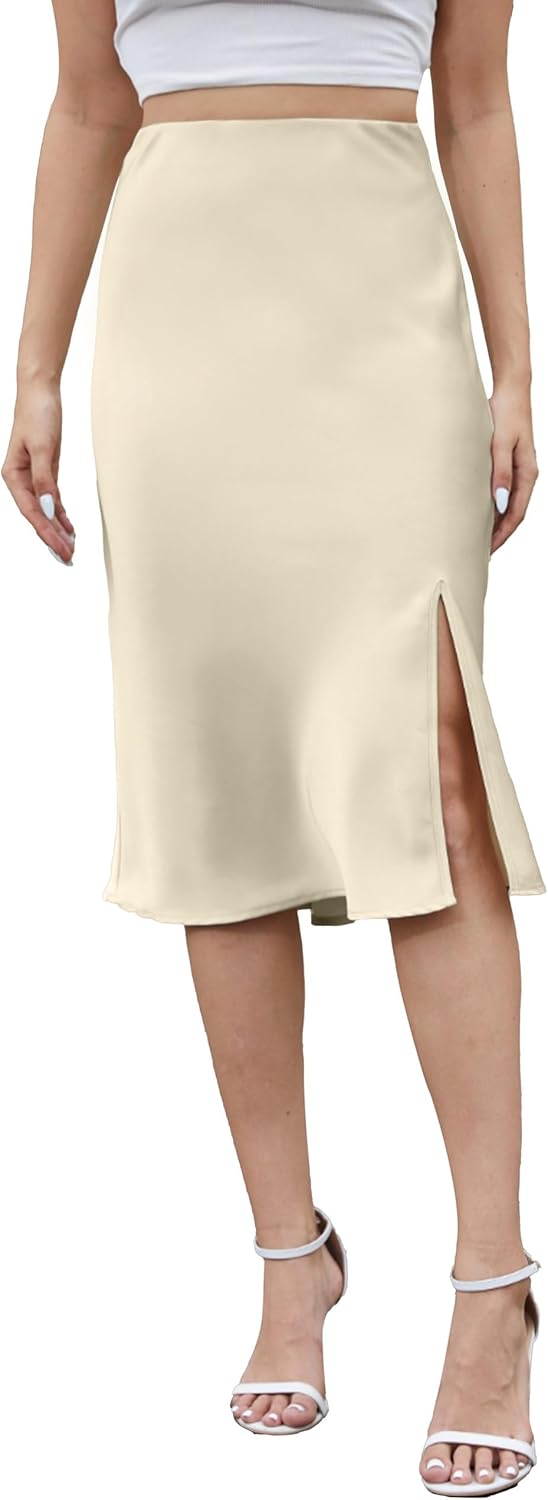 Mist Azur skirts Women Silky Satin Midi Skirt with Slit