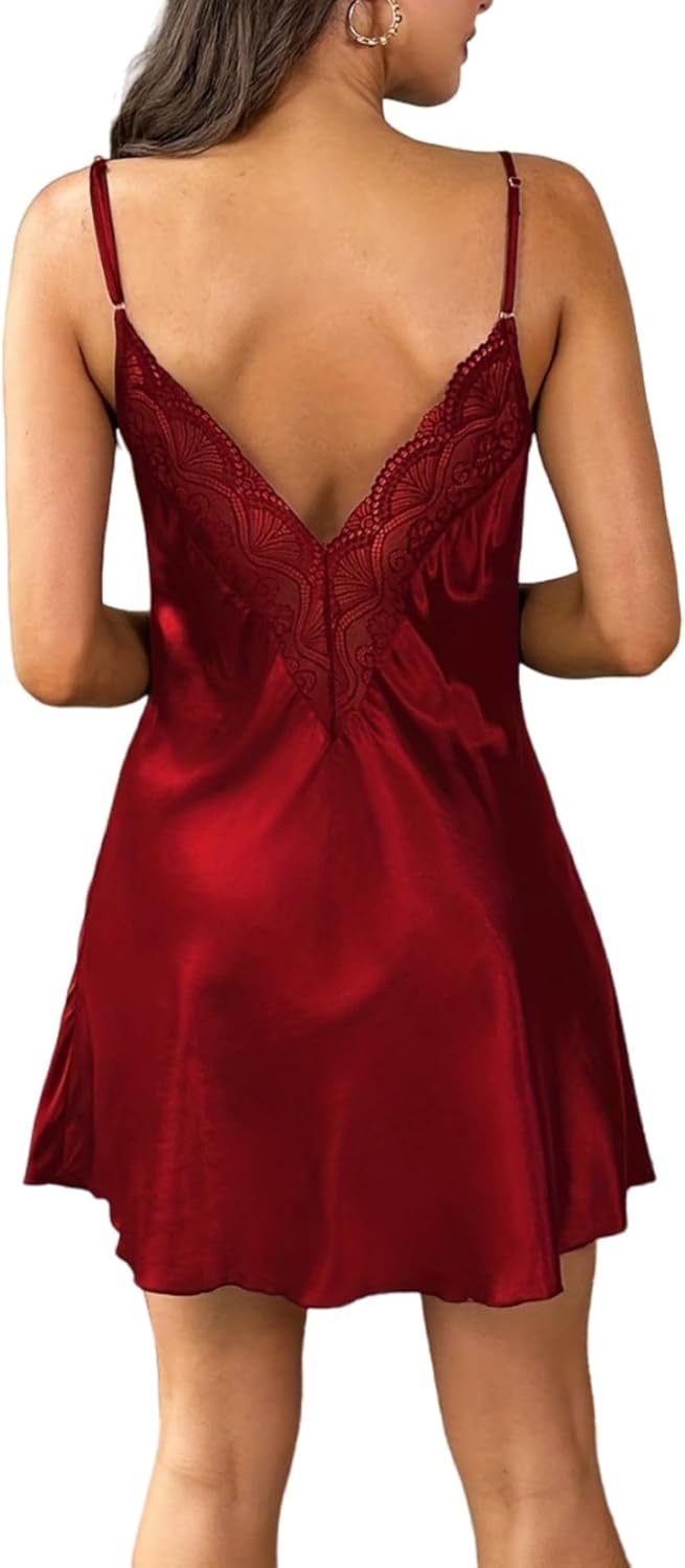 ALCEA ROSEA Women Nightgown Sexy Lingerie V Neck Lace Backless Chemise Satin Slip Silk Negligee 3912