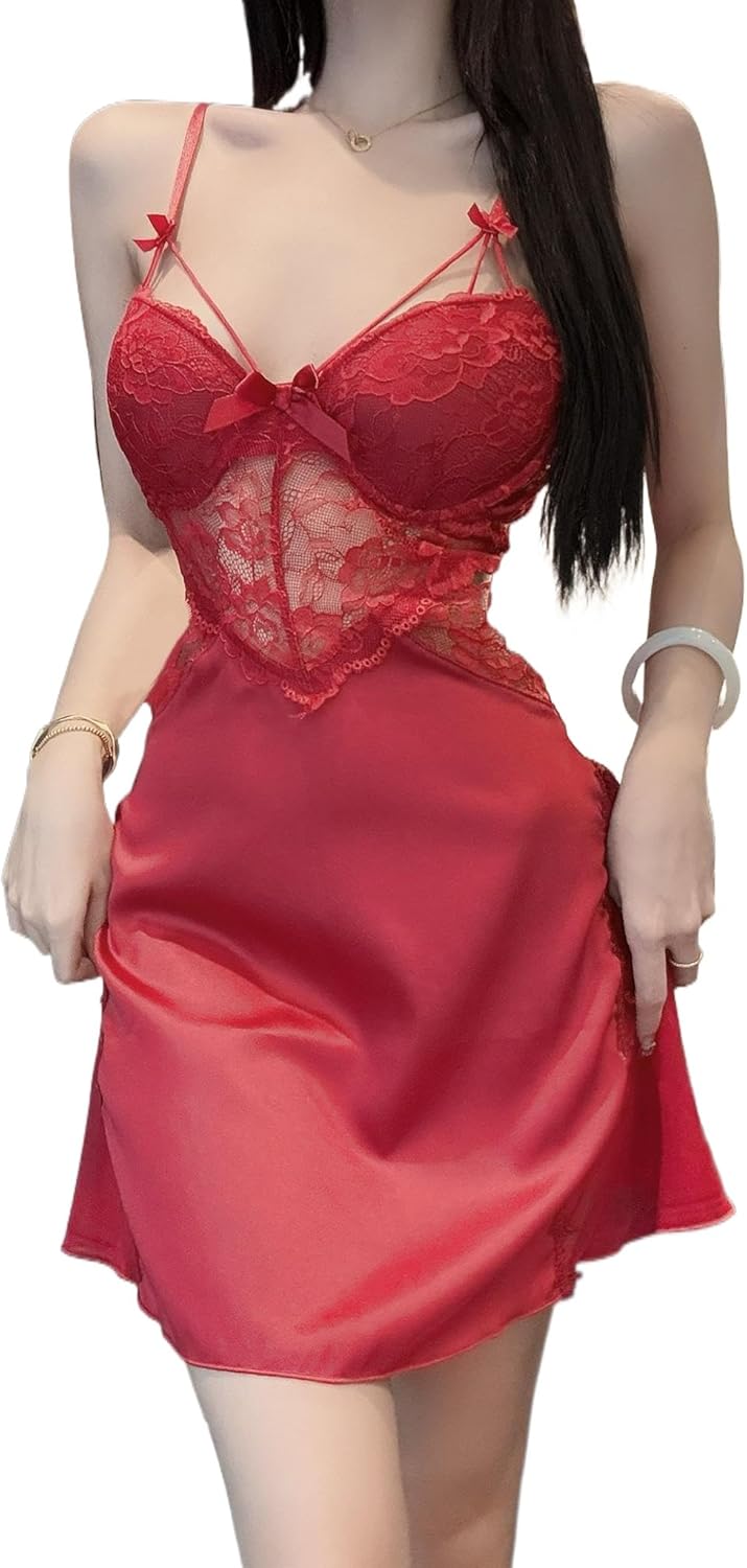 ALCEA ROSEA Nightgown for Women Satin Silky Mini Lingerie Sexy Mesh Sheer Lace Floral Chemise Sleepwear 3916
