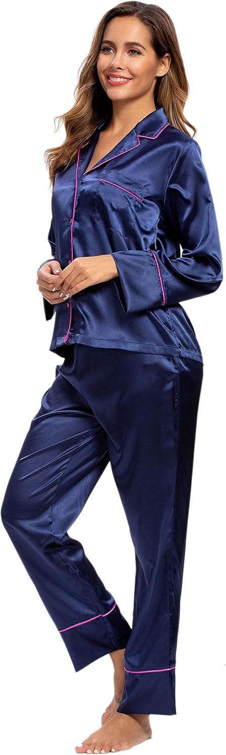 Mist Azur Pyjamas Womens Silk Satin Button Down Sleepwear Loungewear Sets