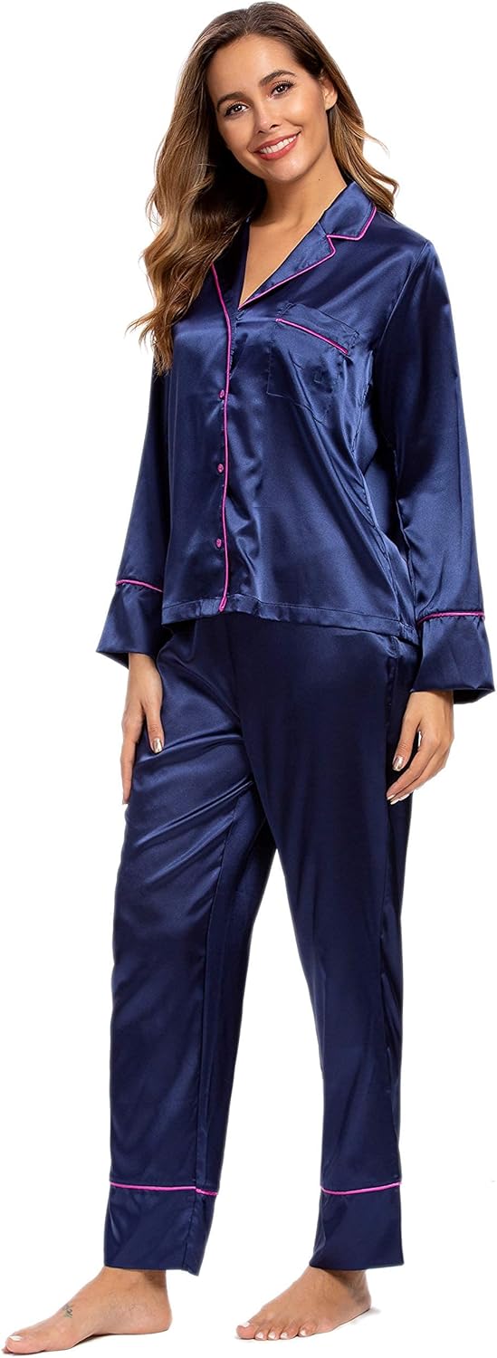 Mist Azur Pyjamas Womens Silk Satin Button Down Sleepwear Loungewear Sets