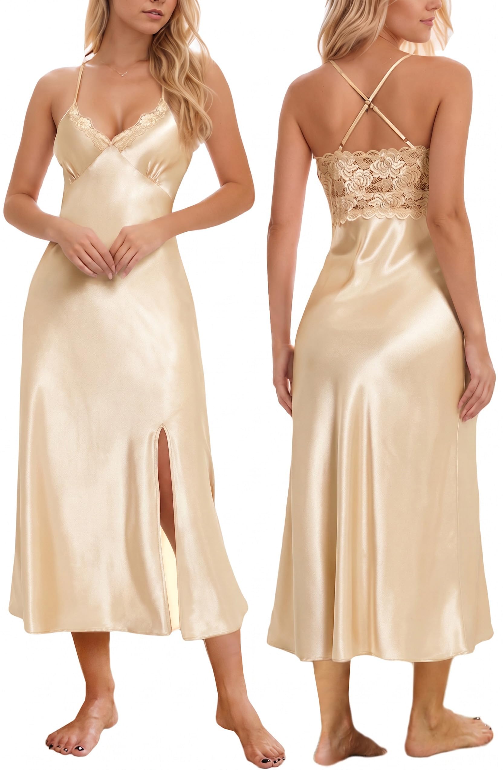 Mist Azur Nightgowns Women Silk Satin Lace Chemise Lingerie Long Sleepdress
