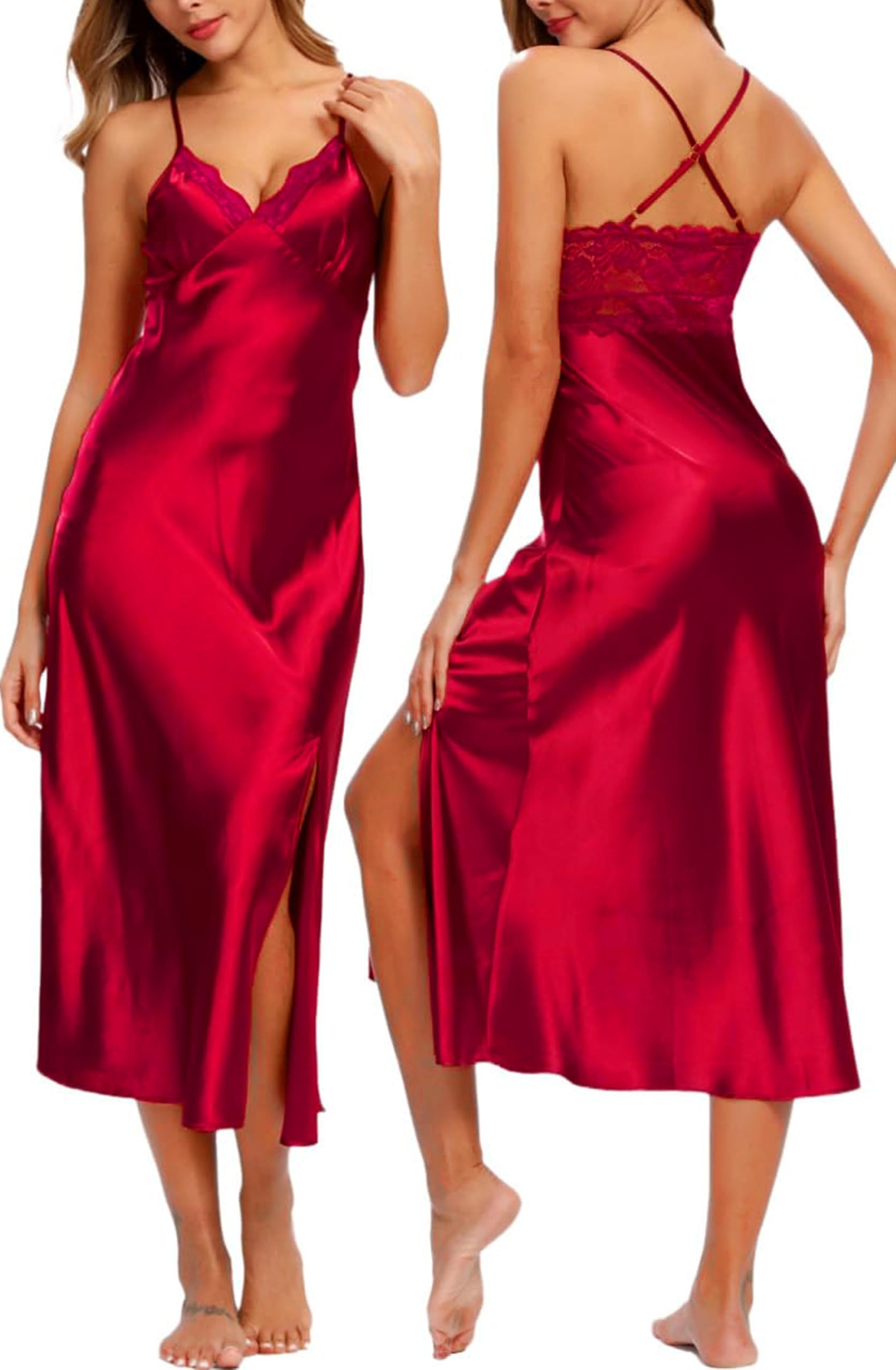 Mist Azur Nightgowns Women Silk Satin Lace Chemise Lingerie Long Sleepdress
