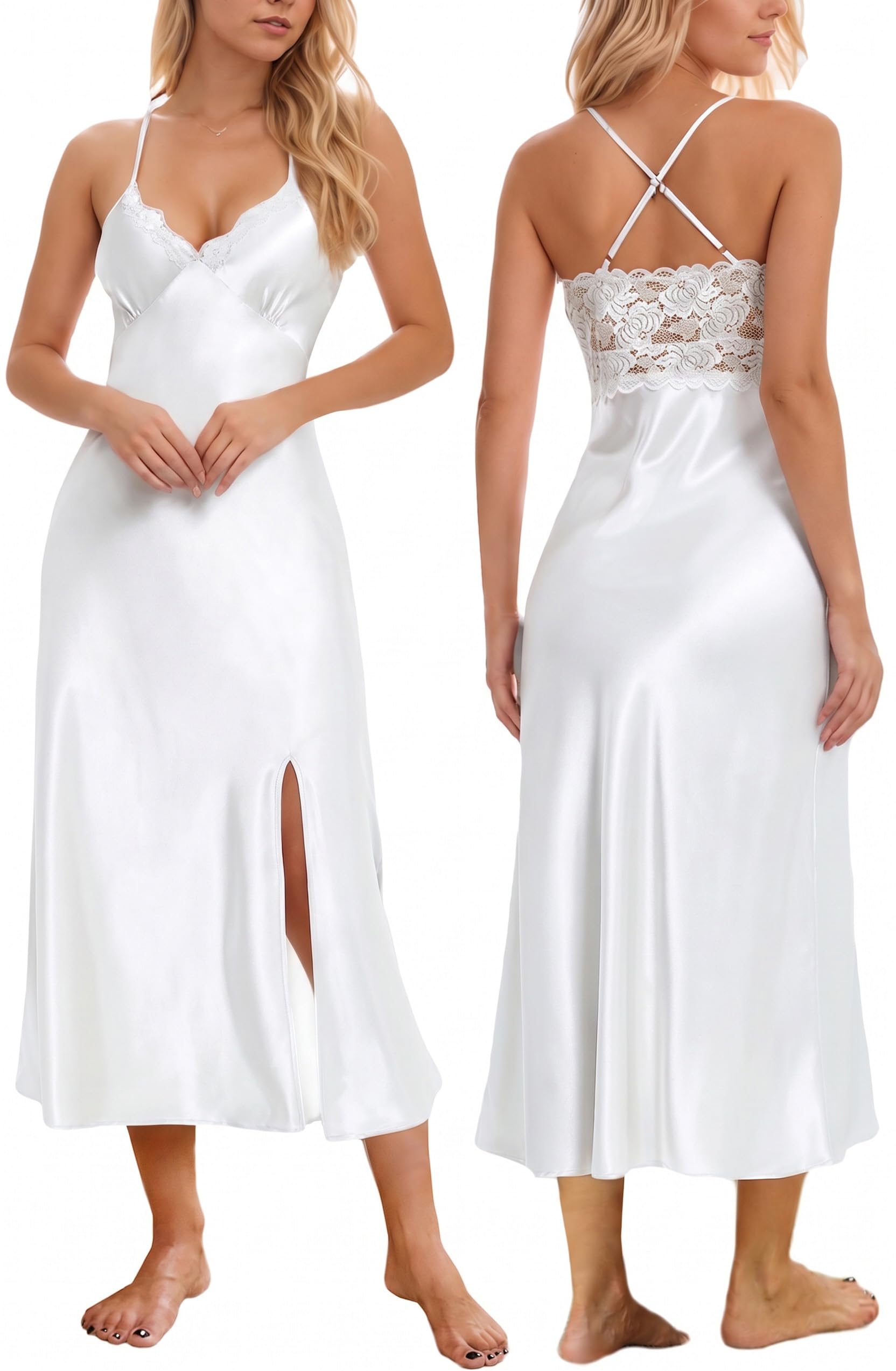 Mist Azur Nightgowns Women Silk Satin Lace Chemise Lingerie Long Sleepdress