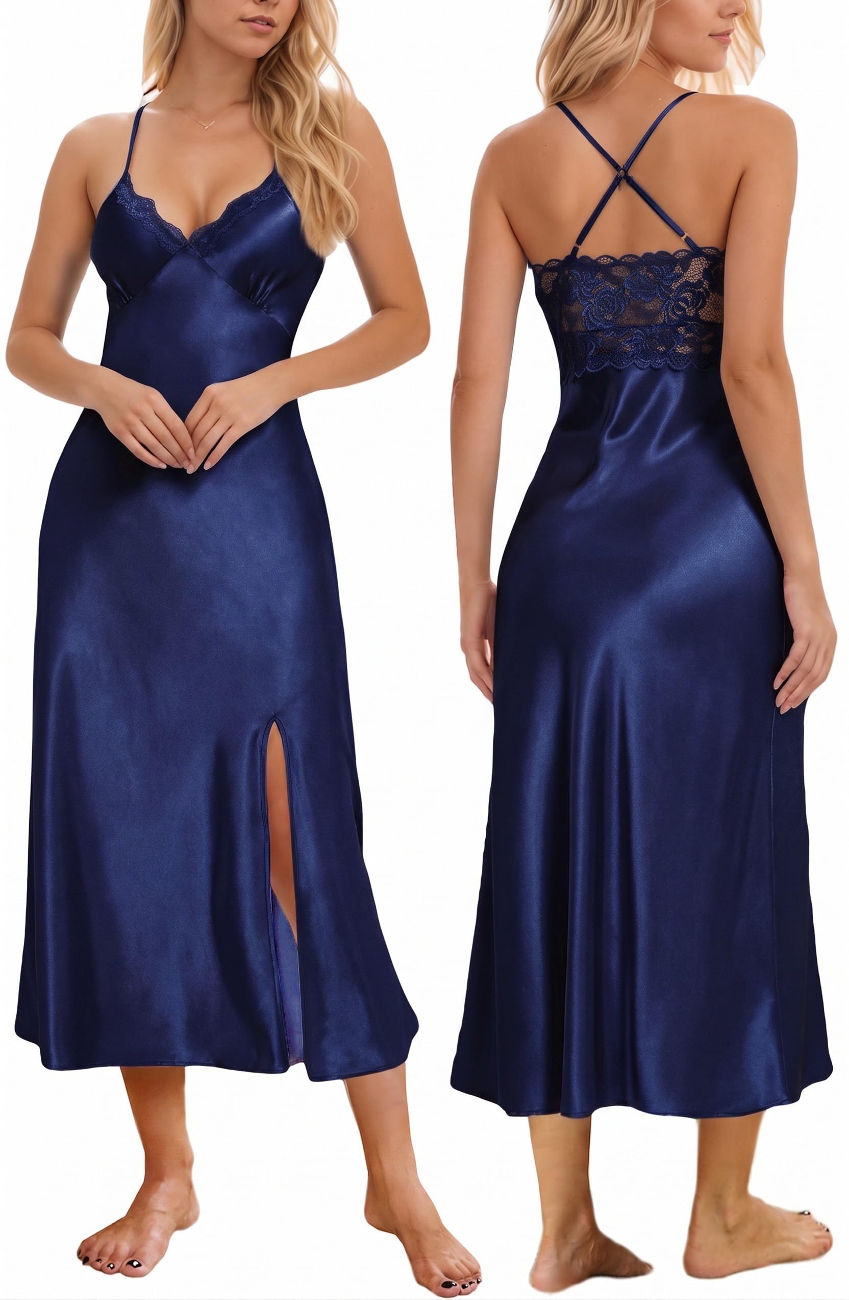 Mist Azur Nightgowns Women Silk Satin Lace Chemise Lingerie Long Sleepdress