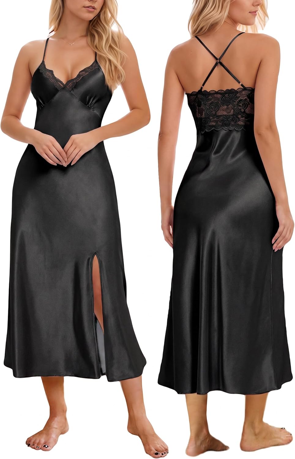 Mist Azur Nightgowns Women Silk Satin Lace Chemise Lingerie Long Sleepdress