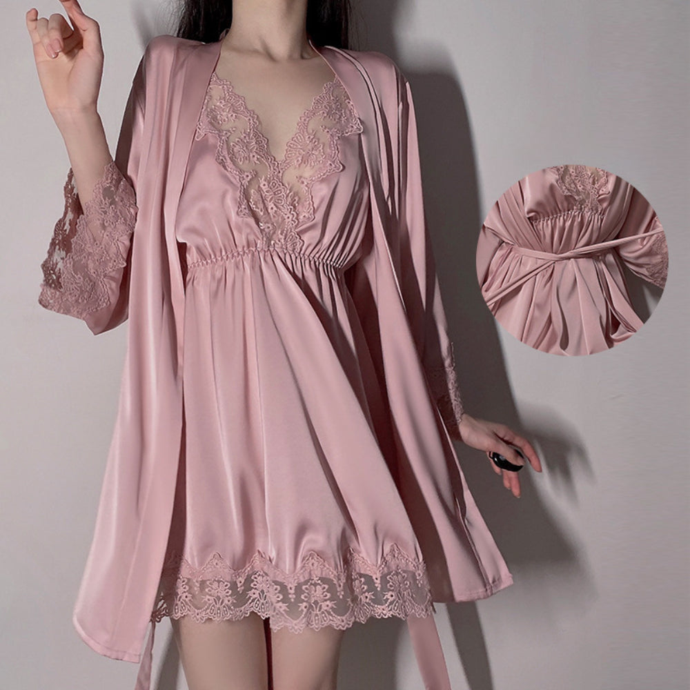 Satin Lace Sexy Deep V Camisole Nightwear Lace-up Lingerie Solid Color Robe Home Wear Set