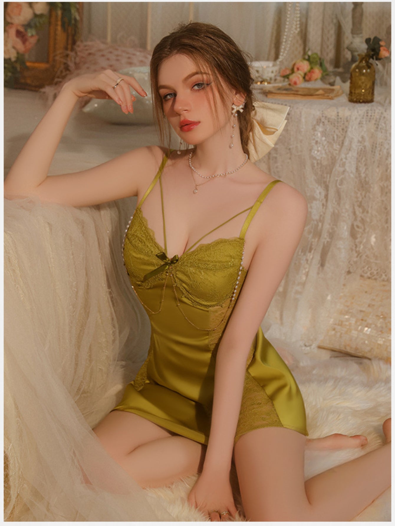 Women Ladies Silk Sexy Lace Lingerie Sleepwear Nightdress Satin V-Neck Robes Babydoll Nightwear Mint