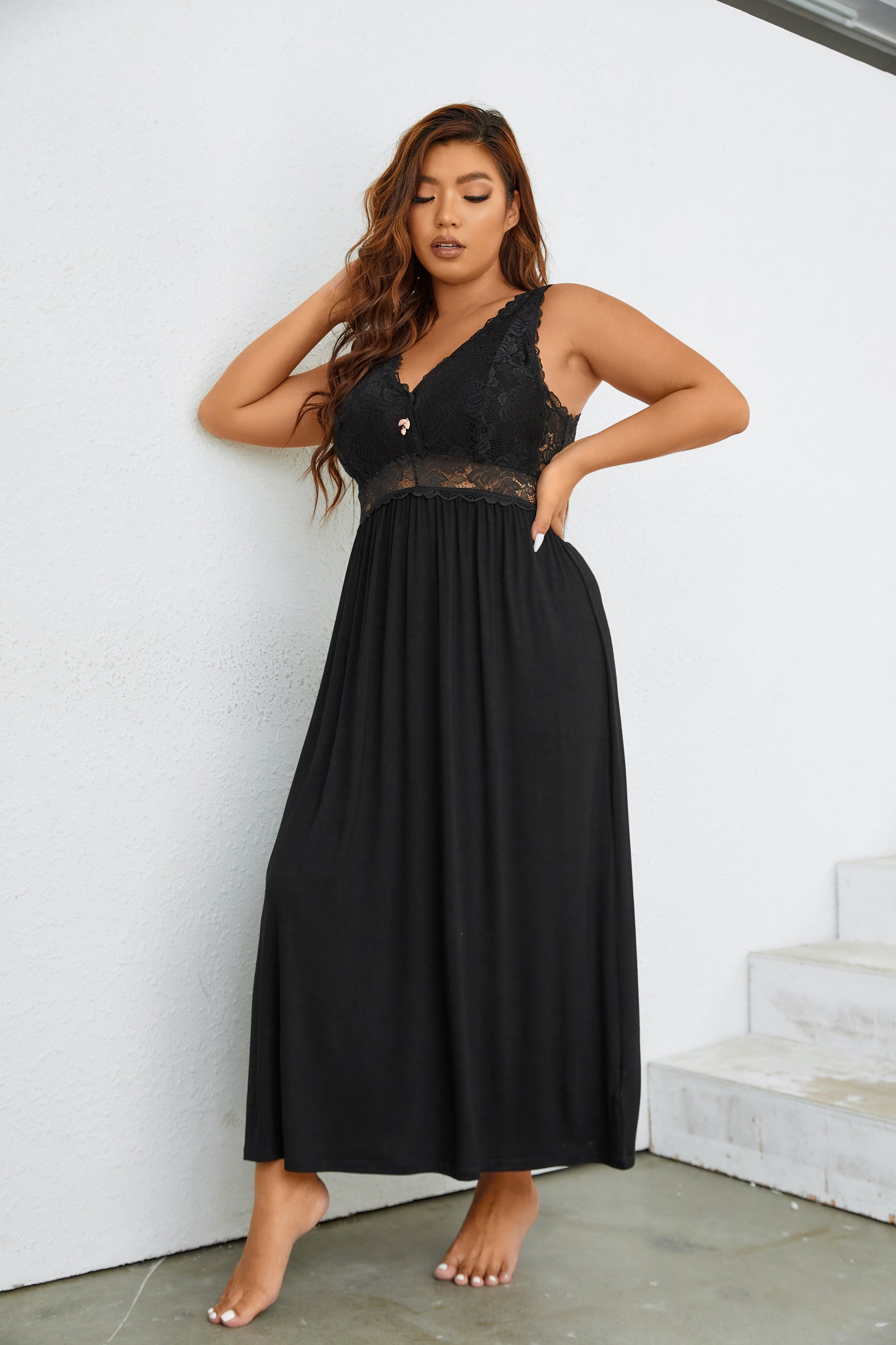 Sexy Lace Jersey Elegant Long Nightgown Chemises Black