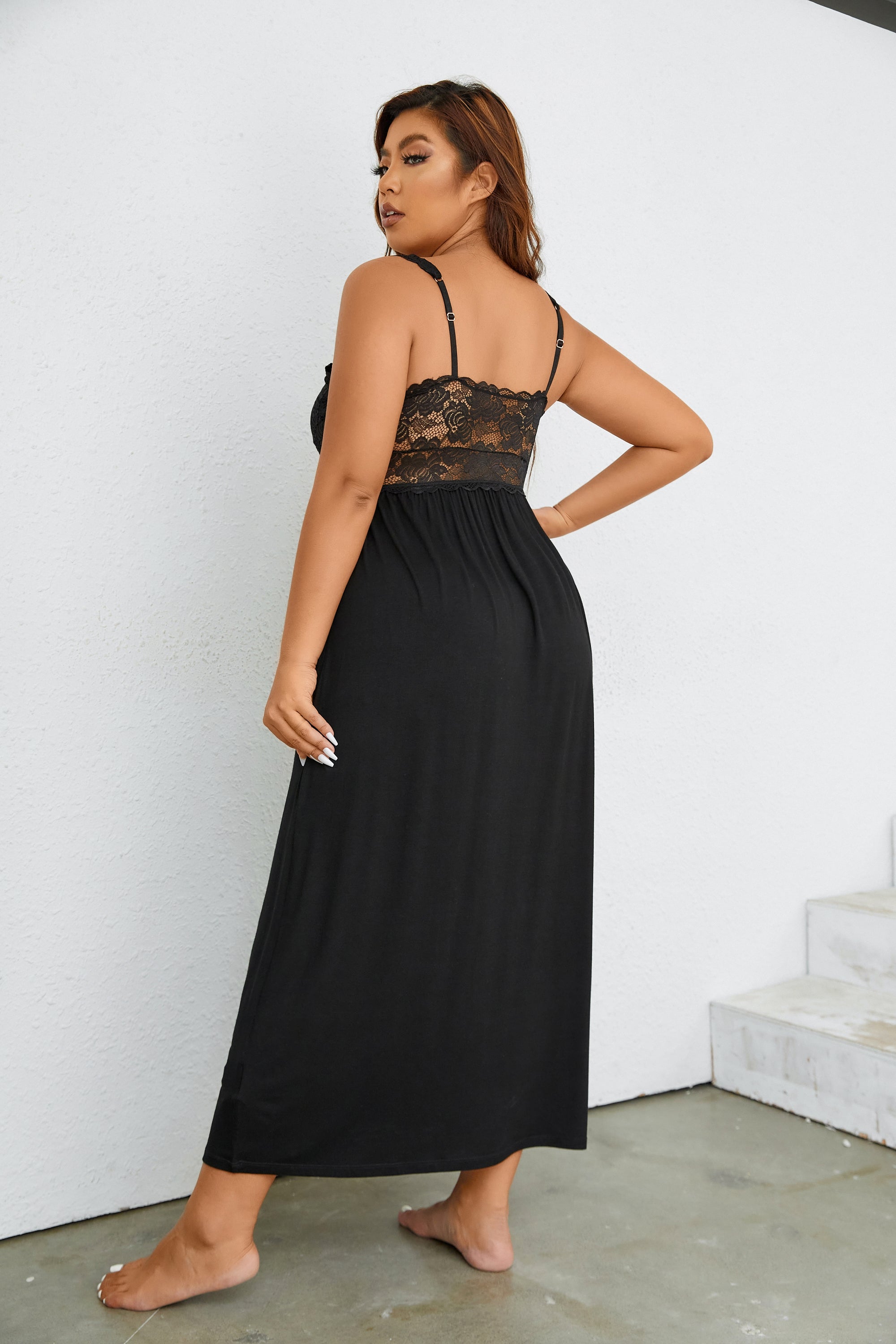 Sexy Lace Jersey Elegant Long Nightgown Chemises Black