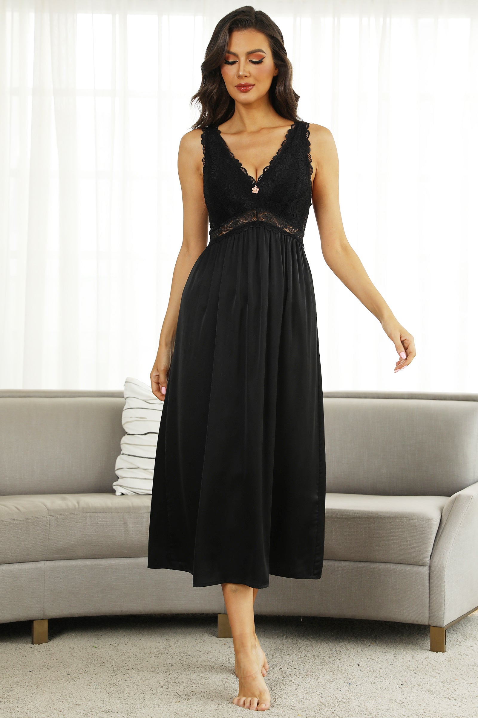 ALCEA ROSEA Womens Silky Nightgown Sexy Lace Lingerie Long V Neck Chemise Sleeveless for Elegant Women Black