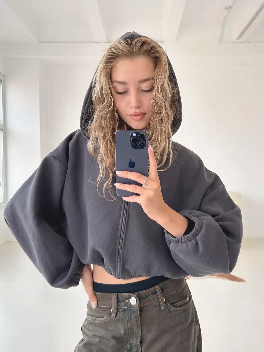 Mist Azur Hoodies Casual Ladies Hoodie Sleeve Short Jacket Zip Cardigan Sweater