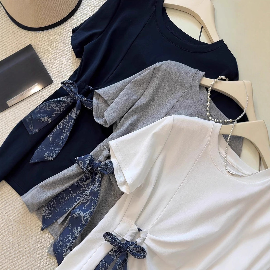 Mist Azur Tops and A Belt or Scarf Short Sleeve T-Shirt Top