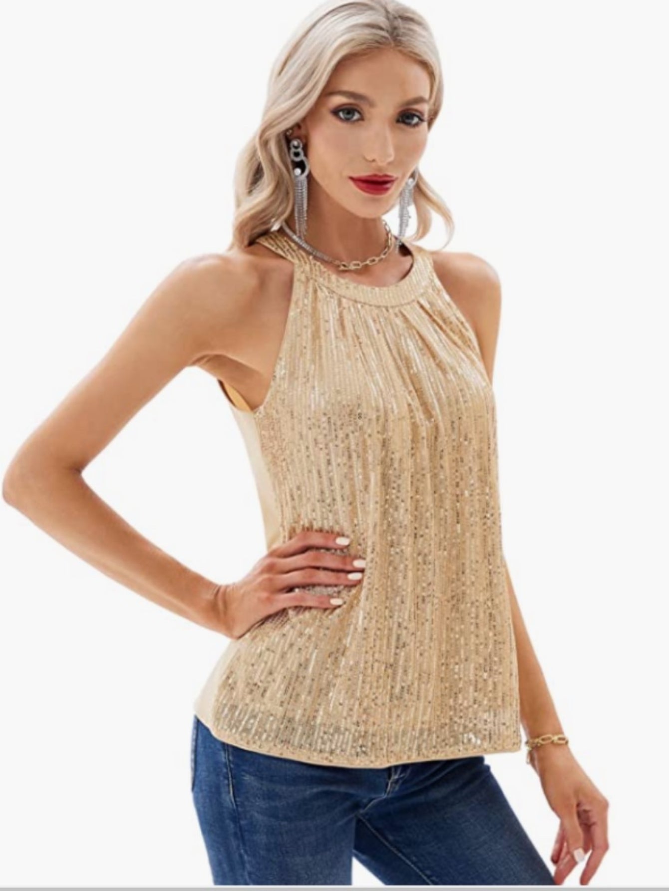 ALCEA ROSEA Womens Sequin Halter Tops Sleeveless Dressy Sparkle Tank Tops Party Club Concert Cocktail Vest Camisole Shirt1816