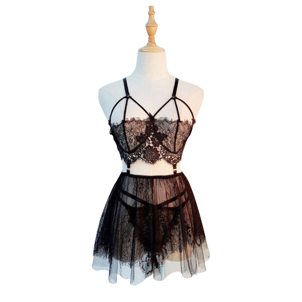 Women Lingerie Set Lace Teddy Strap Babydoll Bodysuit with Mesh Mini Skirt