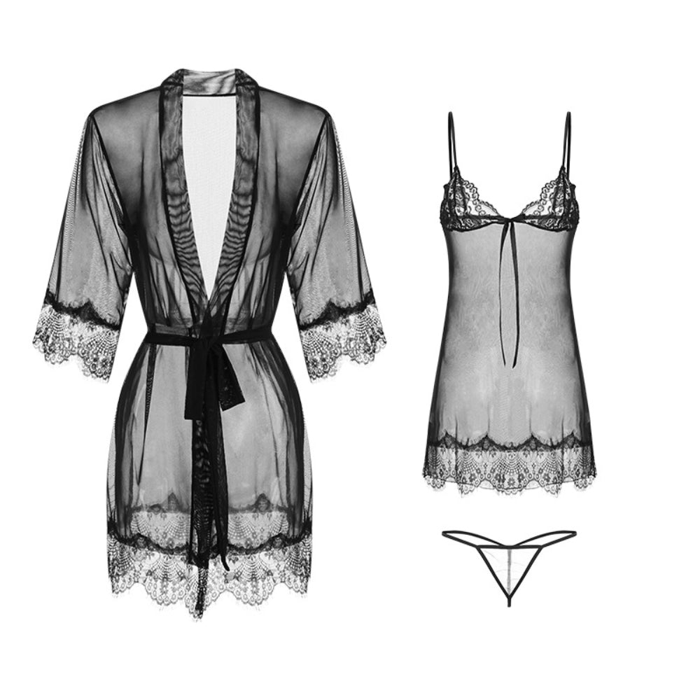 Women Sexy Lingerie Set 3 Piece Babydoll & Lace Kimono Robe Strap Chemise Sleepwear Mesh Nightgown