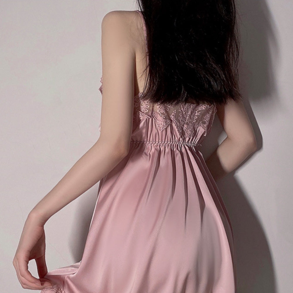 Satin Lace Sexy Deep V Camisole Nightwear Lace-up Lingerie Solid Color Robe Home Wear Set