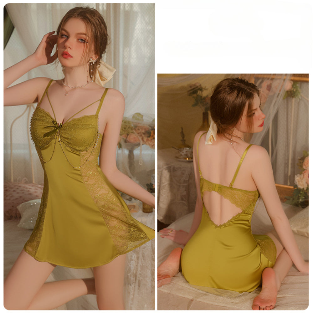 Women Ladies Silk Sexy Lace Lingerie Sleepwear Nightdress Satin V-Neck Robes Babydoll Nightwear Mint