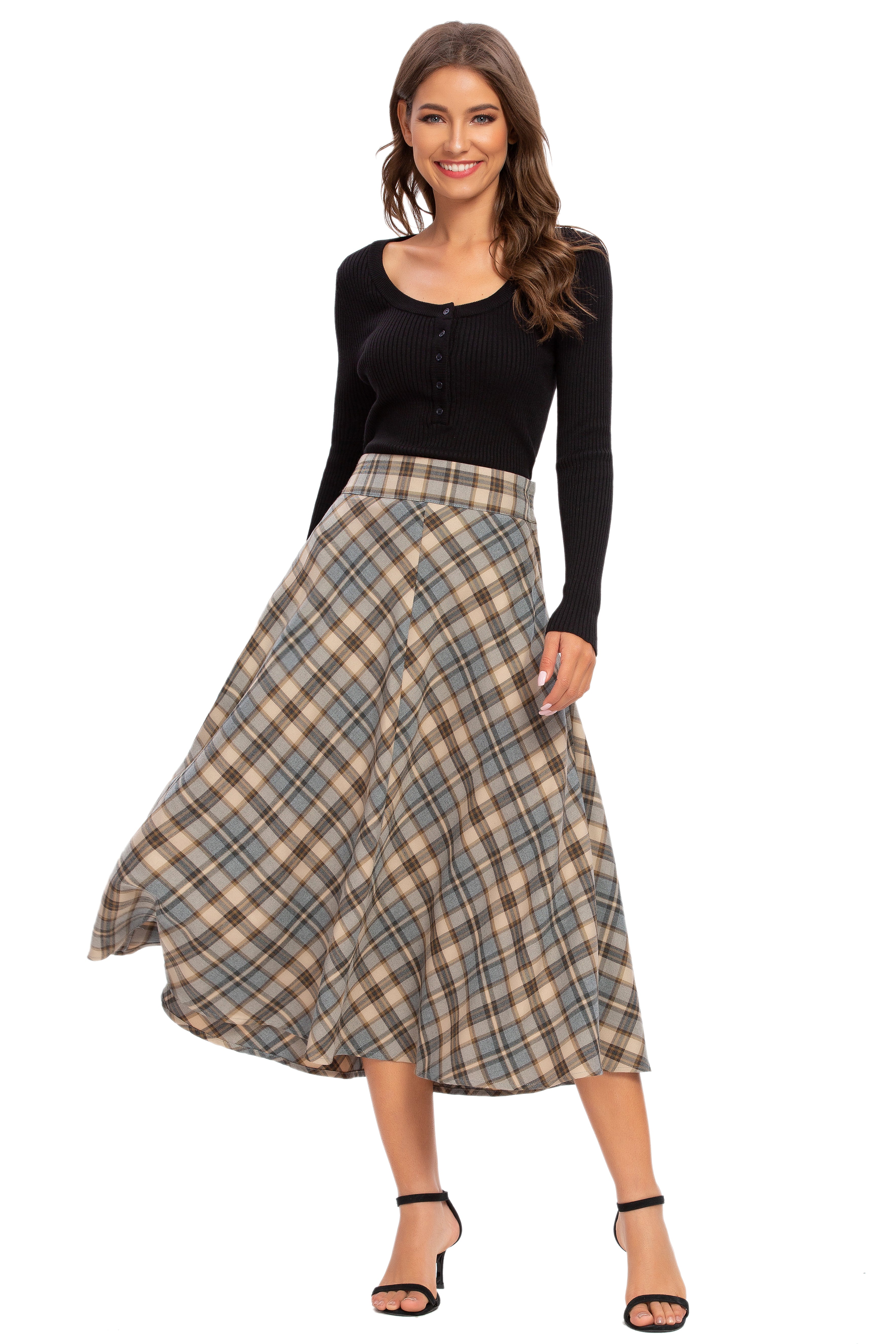 Womens High Waist Plaid Midi Skirt Brown Plaid