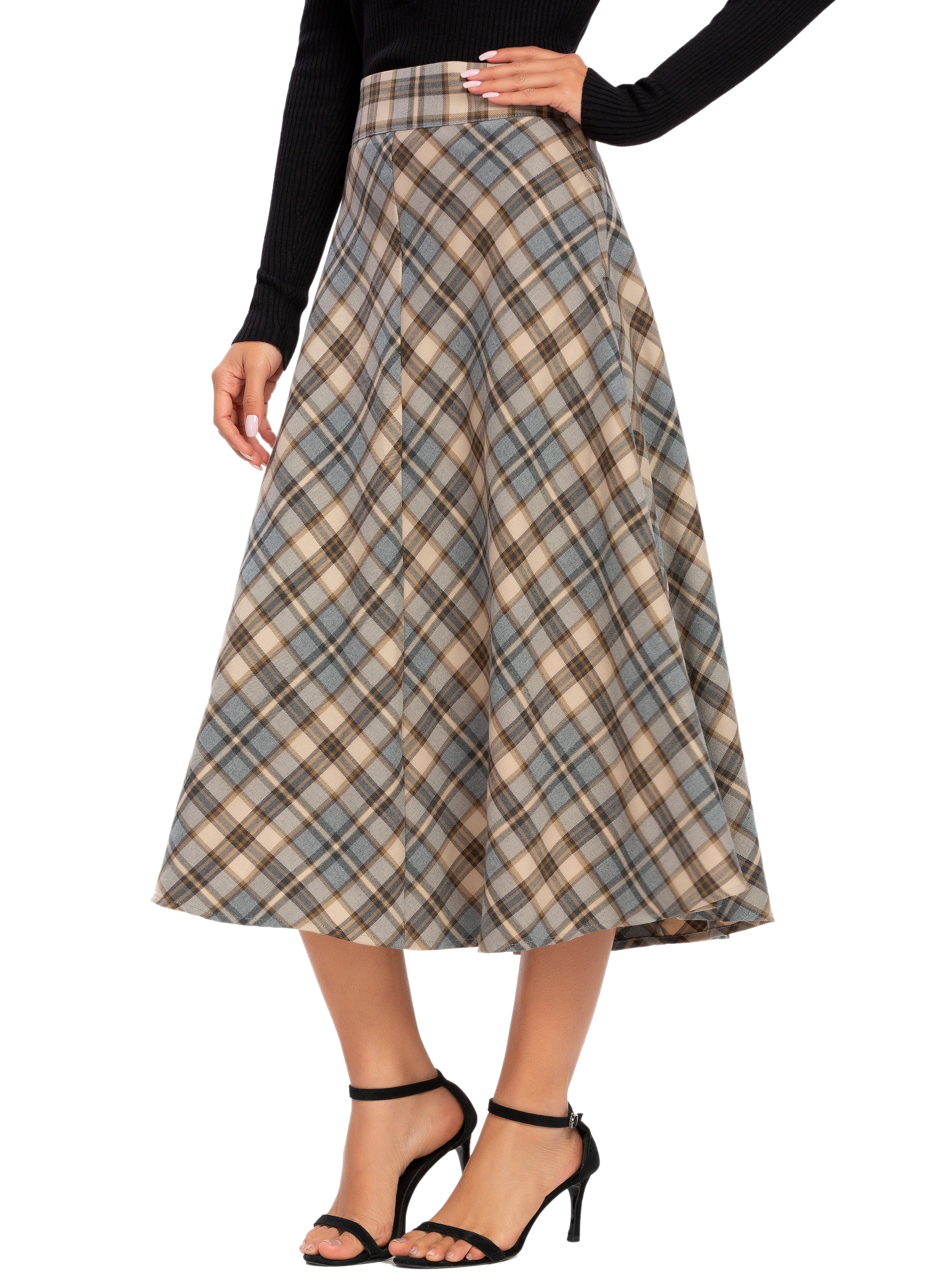Womens High Waist Plaid Midi Skirt Brown Plaid