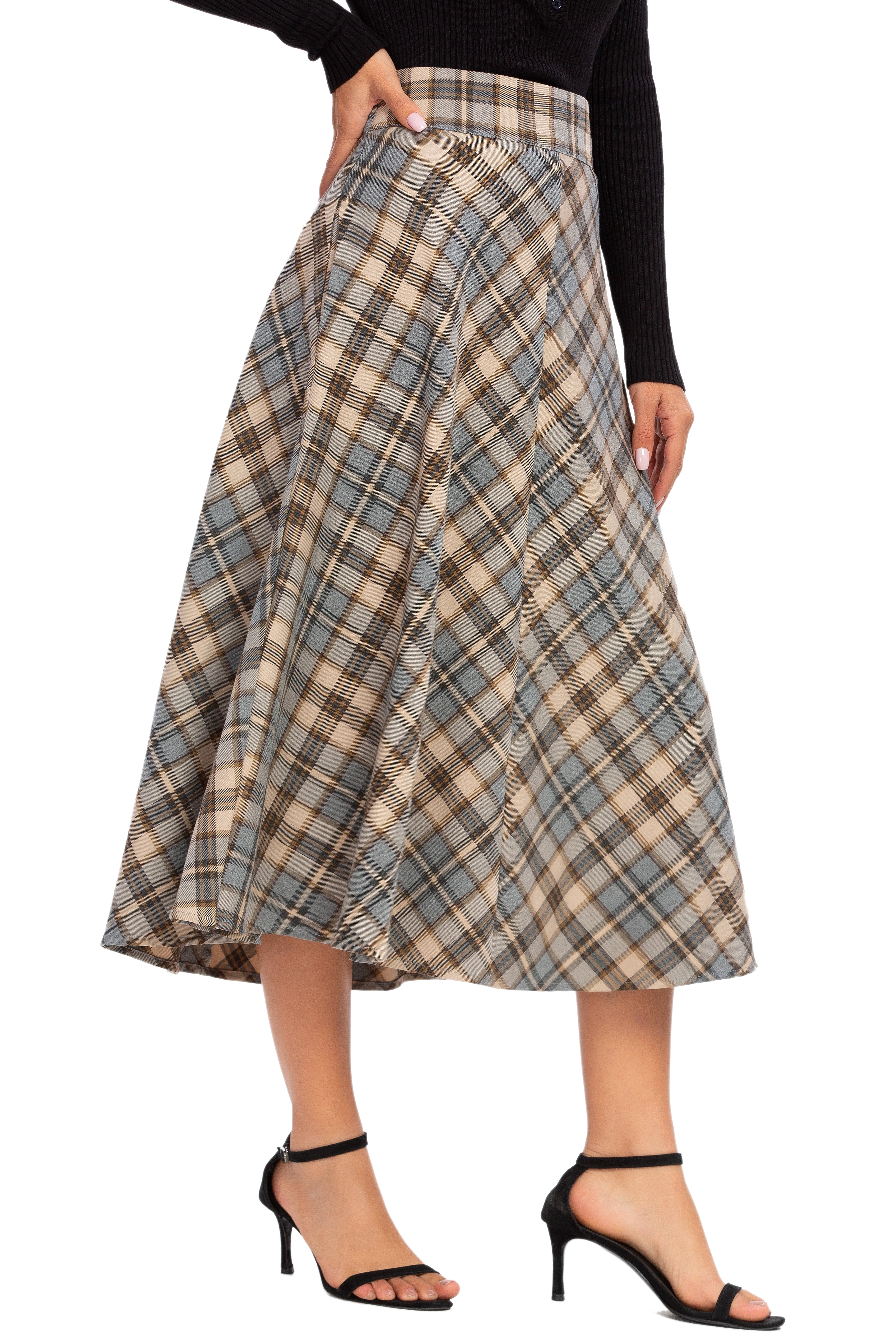 Womens High Waist Plaid Midi Skirt Brown Plaid