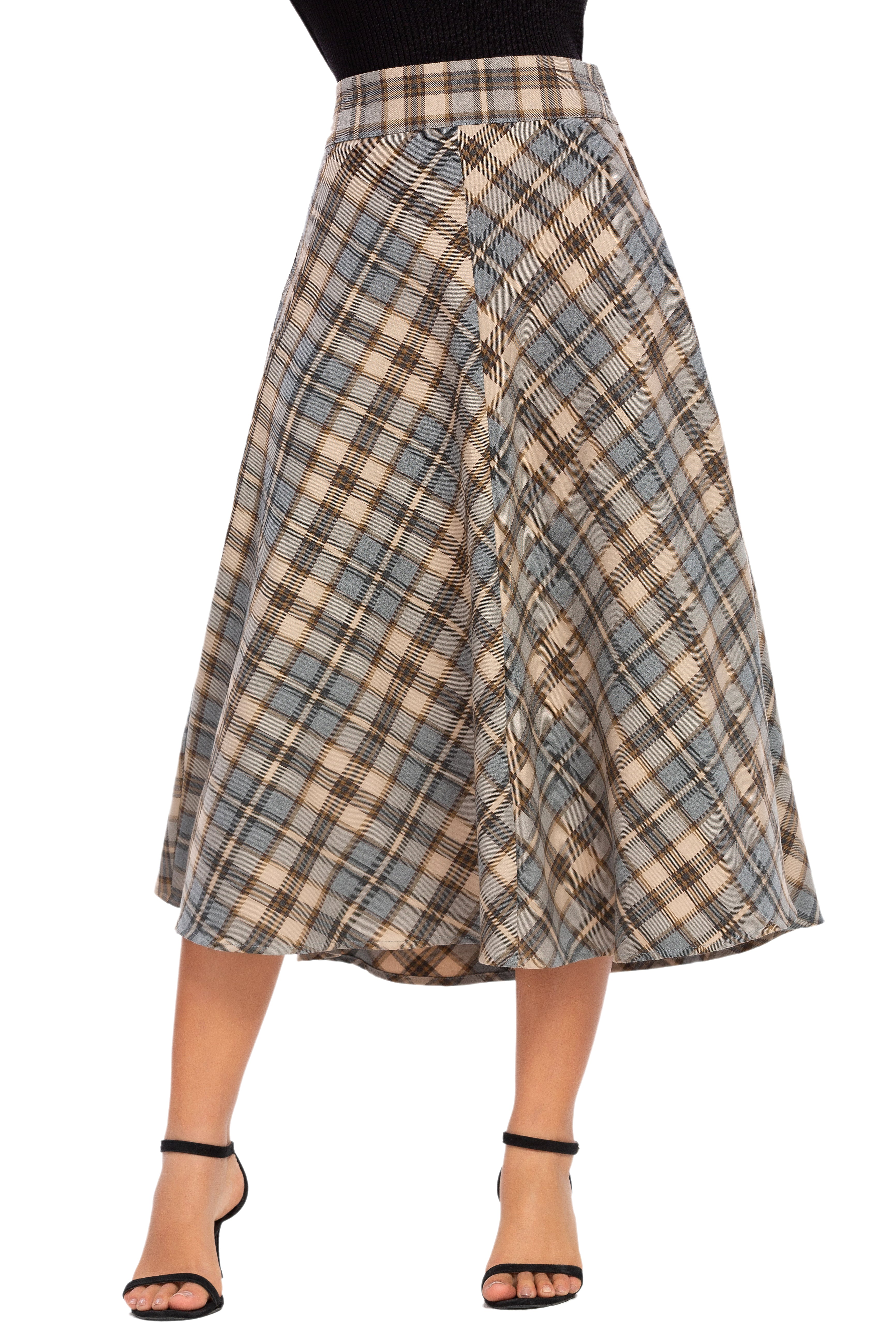 Womens High Waist Plaid Midi Skirt Brown Plaid