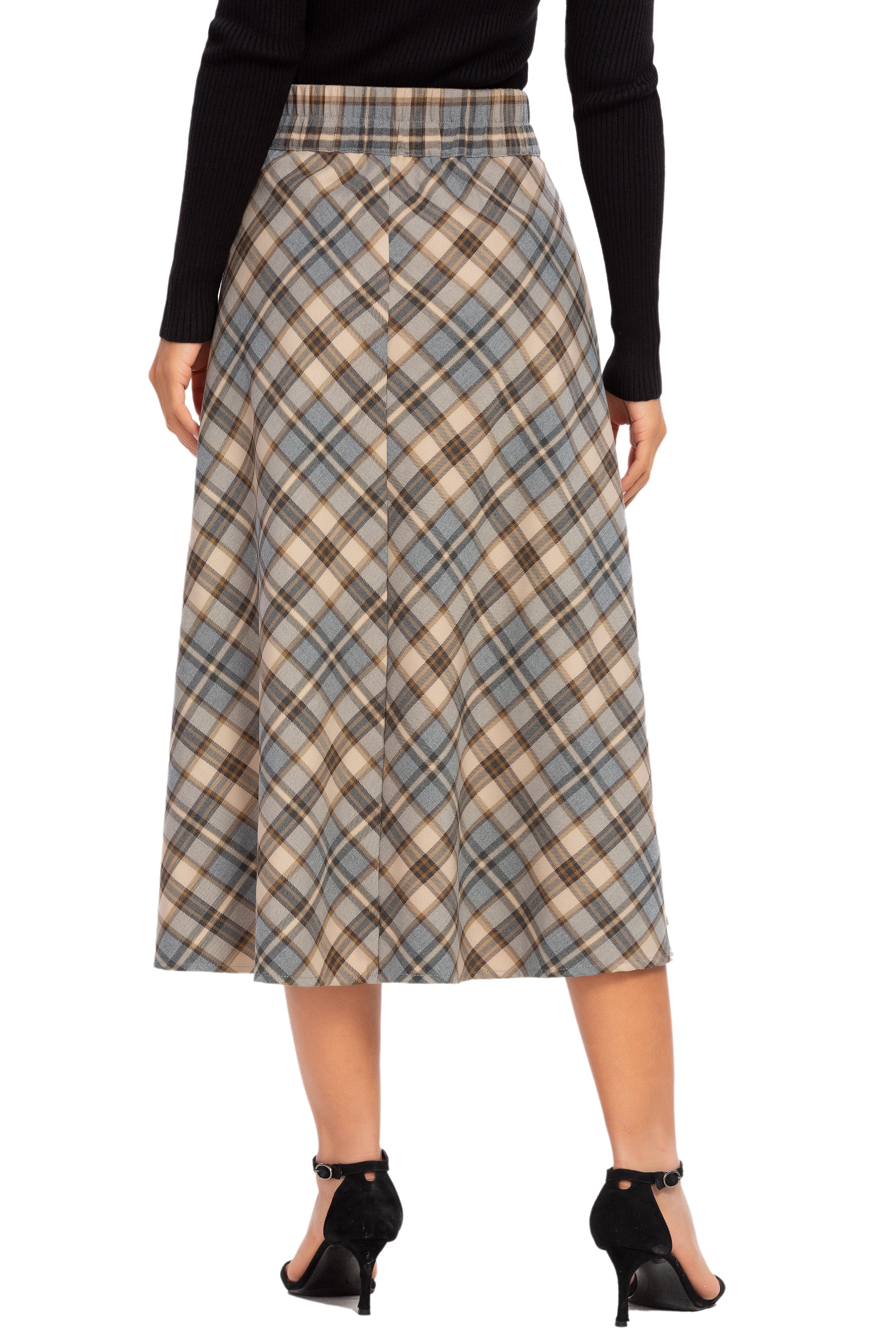 Womens High Waist Plaid Midi Skirt Brown Plaid