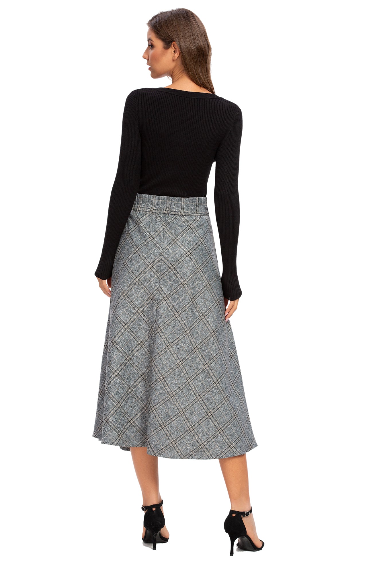 Womens High Waist Plaid Midi Skirt Grey