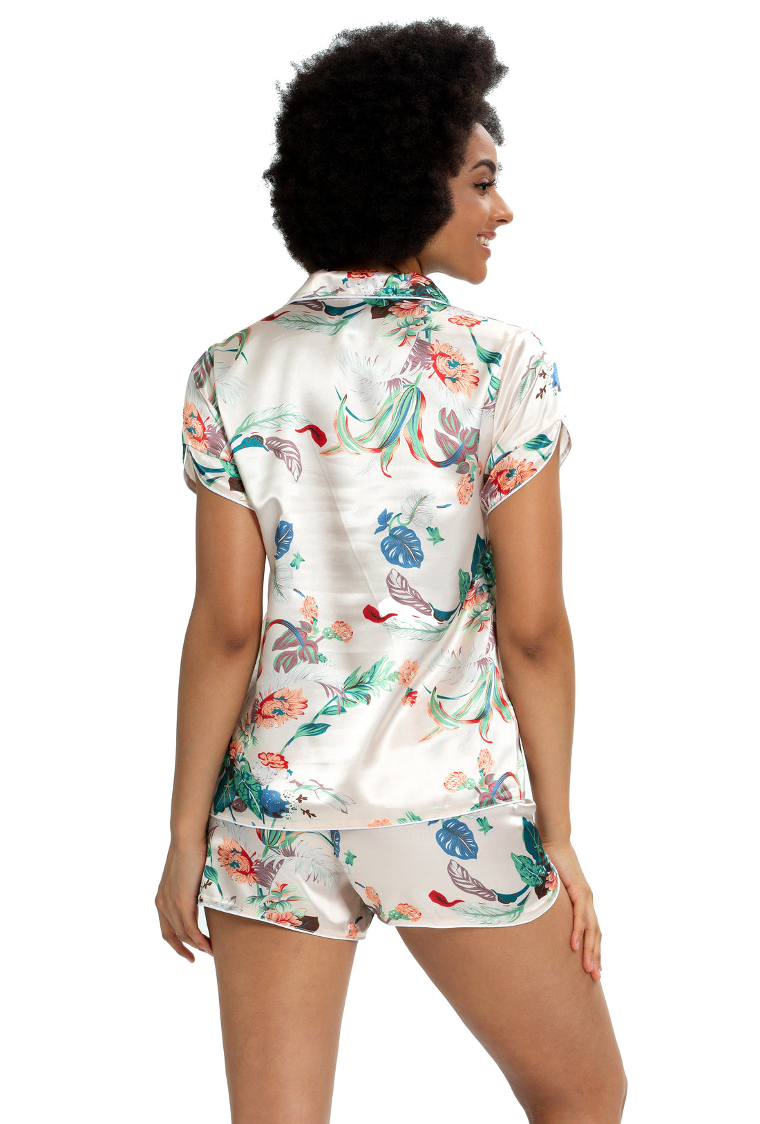 Womens Silky Satin Short Sleeve Pajamas Set White Garden