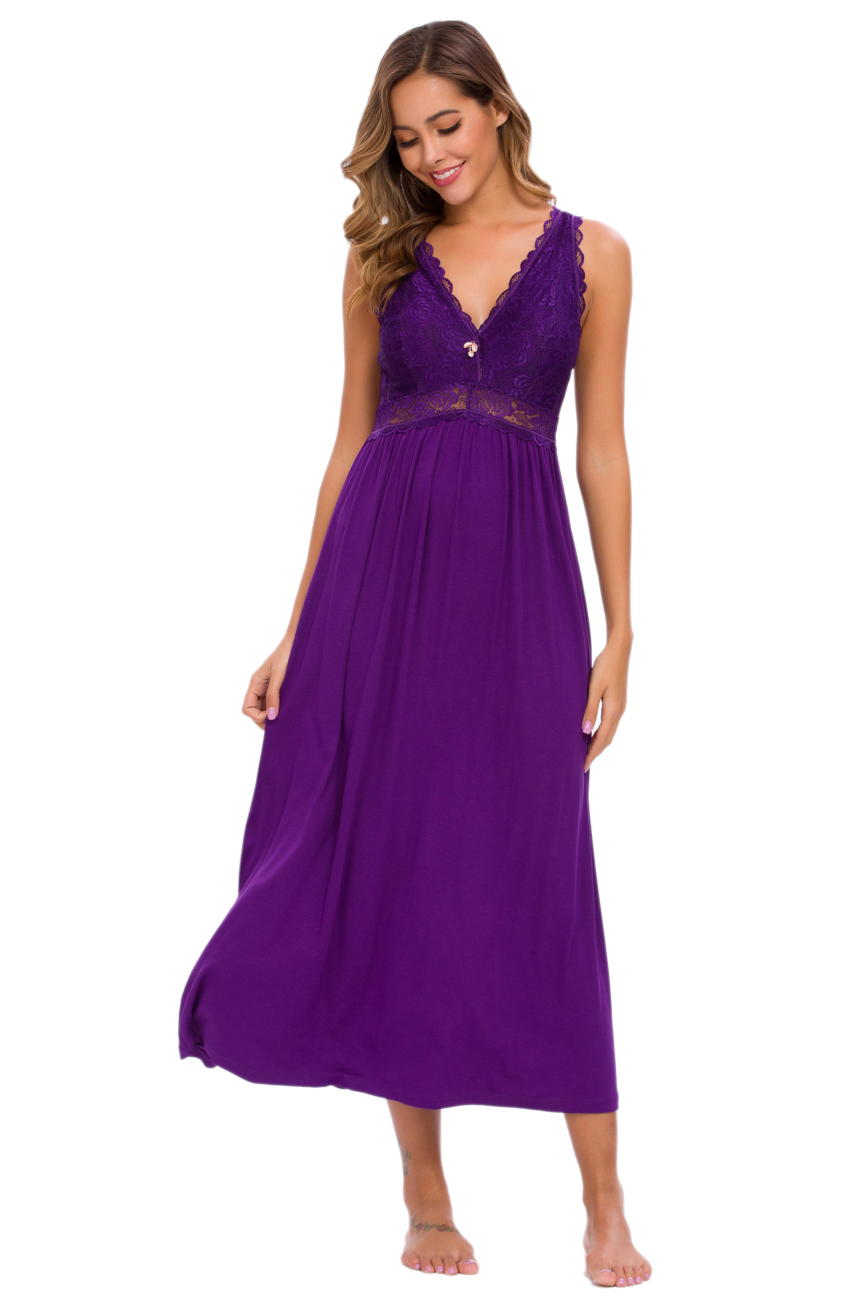 Sexy Lace Jersey Elegant Long Nightgown Chemises Purple