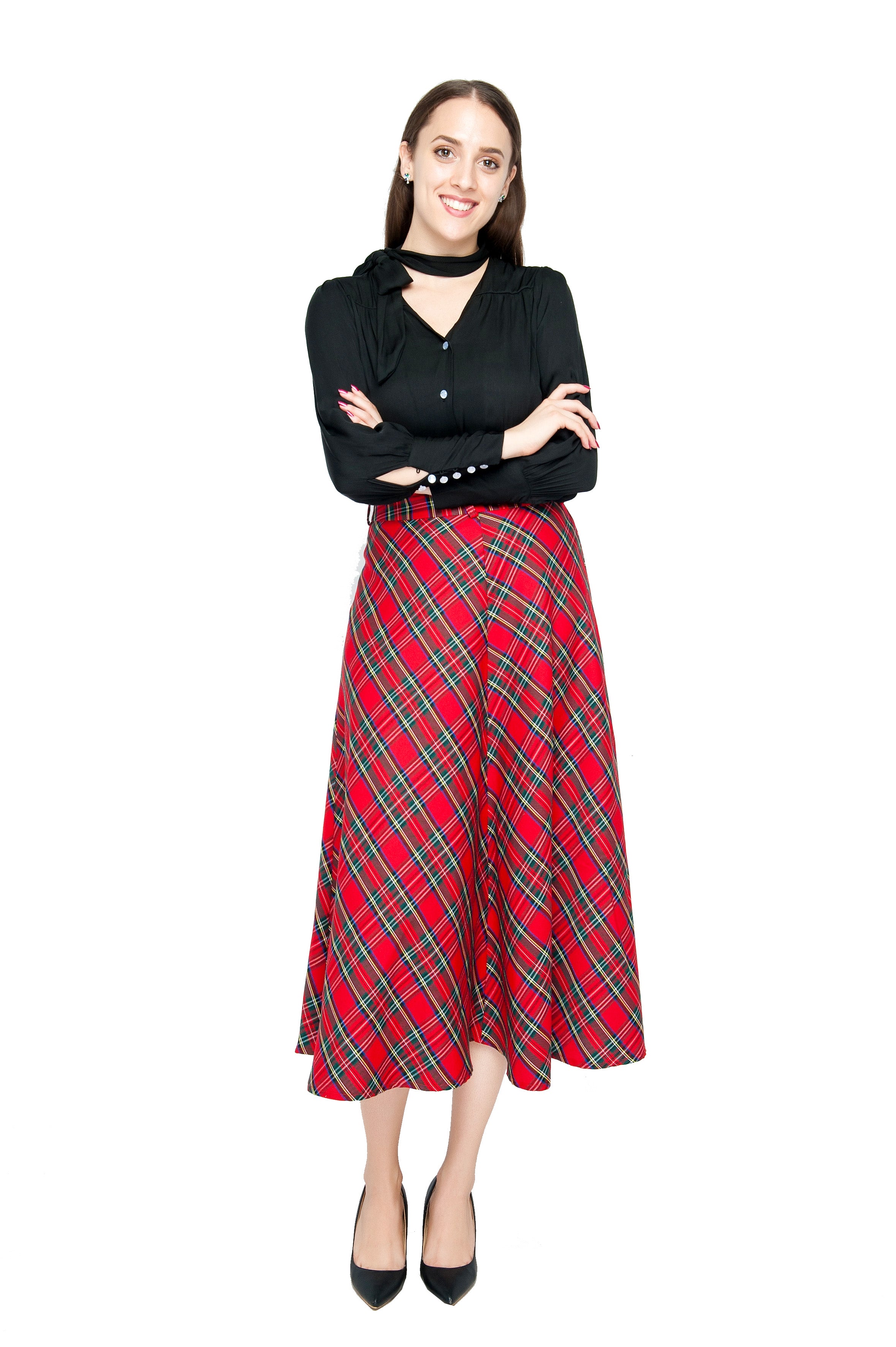 Womens High Waist Plaid Midi Skirt Red Plaid