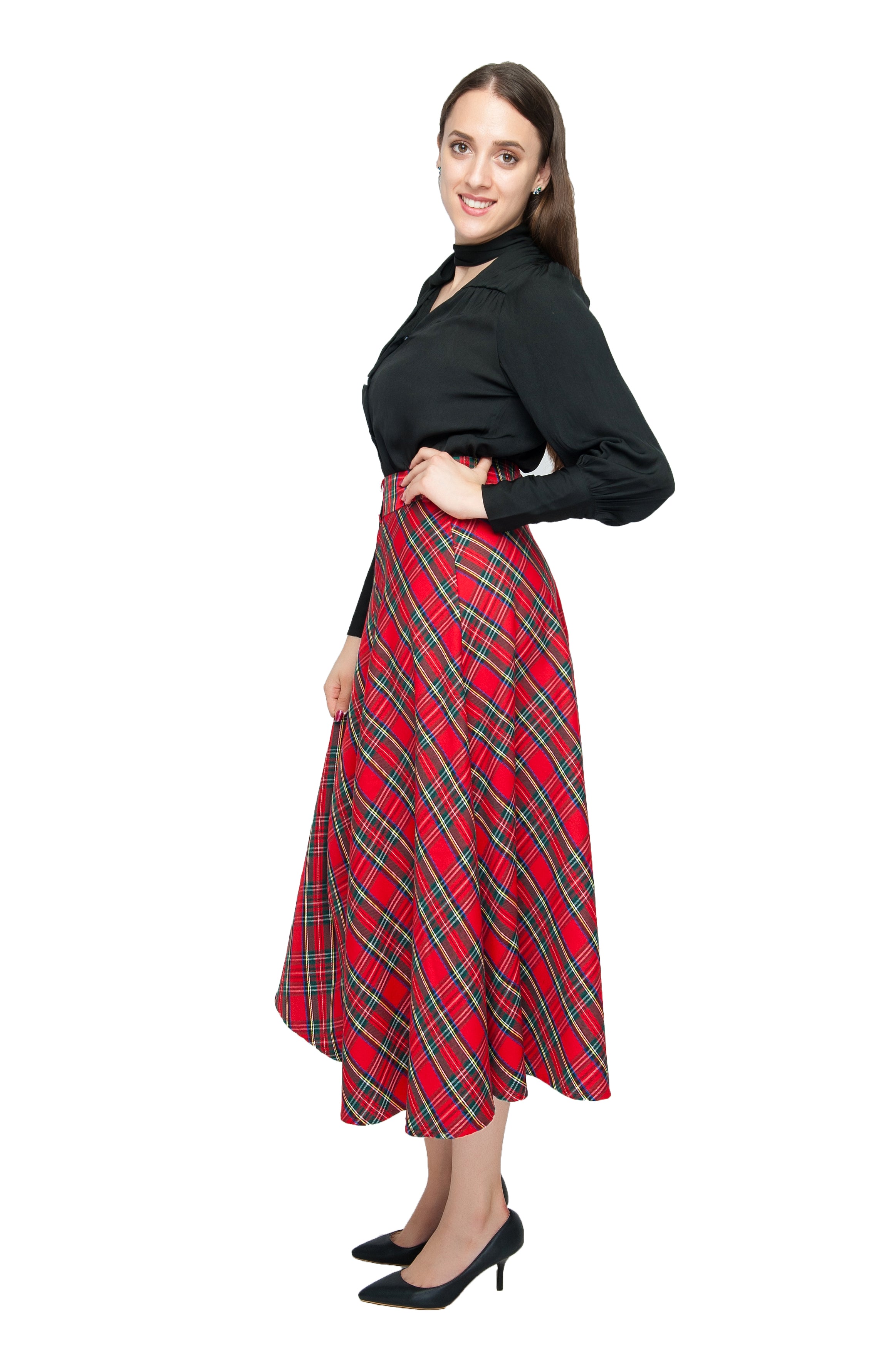 Womens High Waist Plaid Midi Skirt Red Plaid