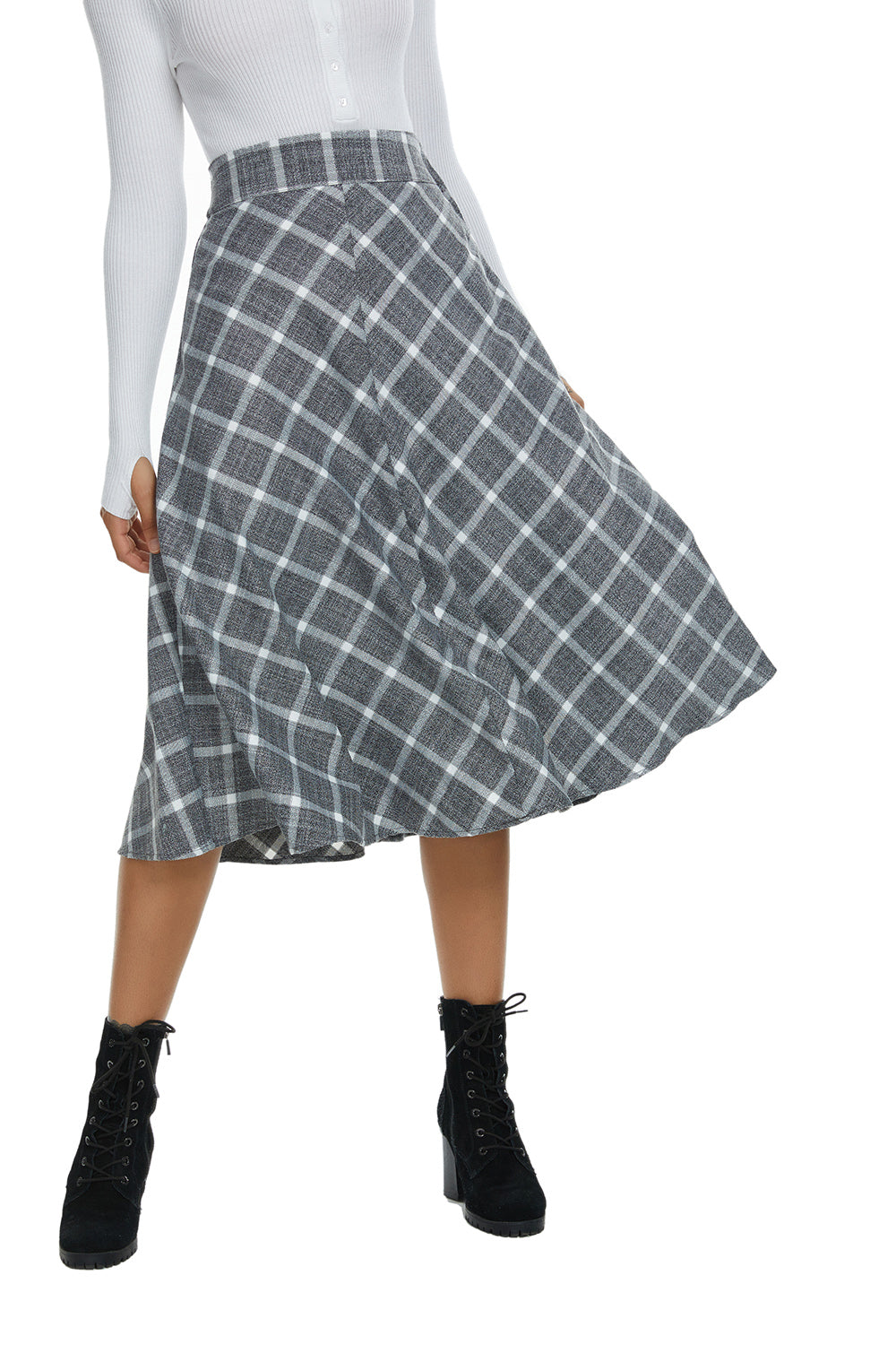 Womens High Waist Plaid Midi Skirt Grey Plaid