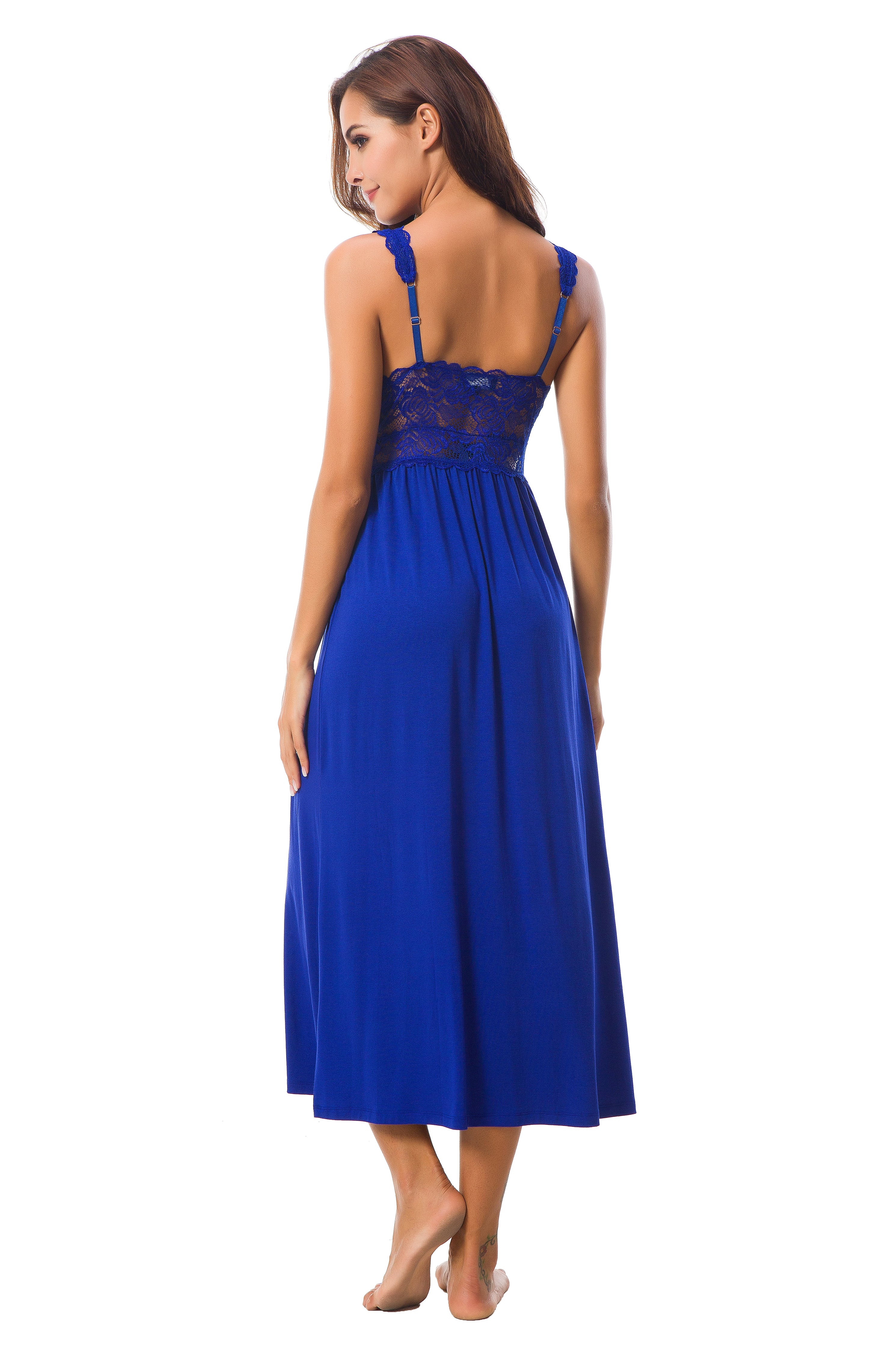 Sexy Lace Jersey Elegant Long Nightgown Chemises Royalblue