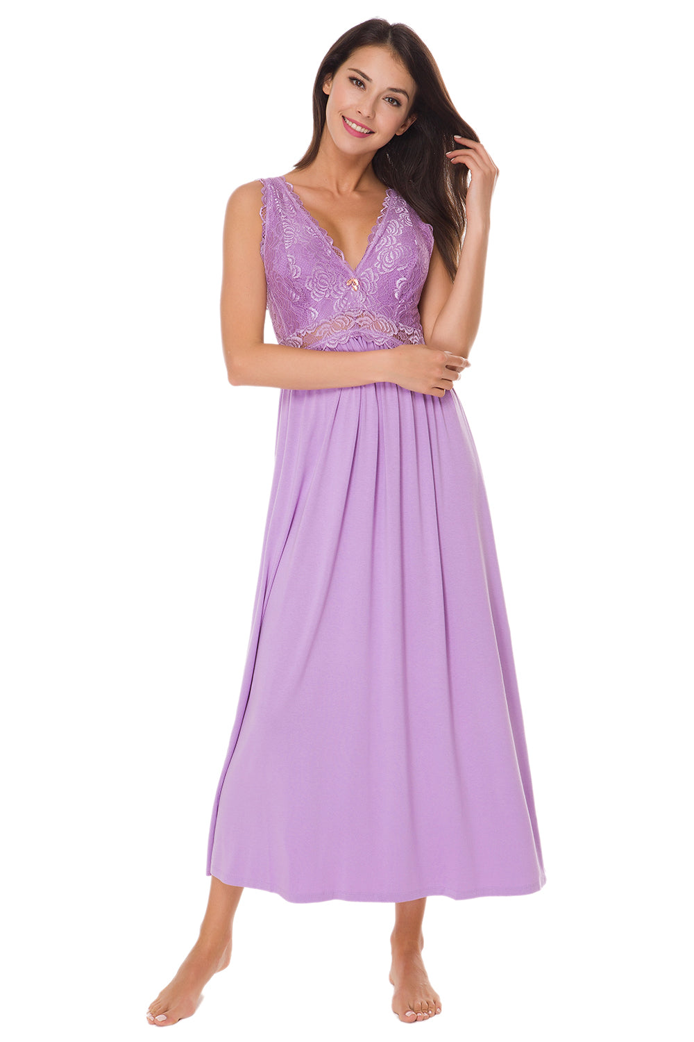 Sexy Lace Jersey Elegant Long Nightgown Chemises Lavender