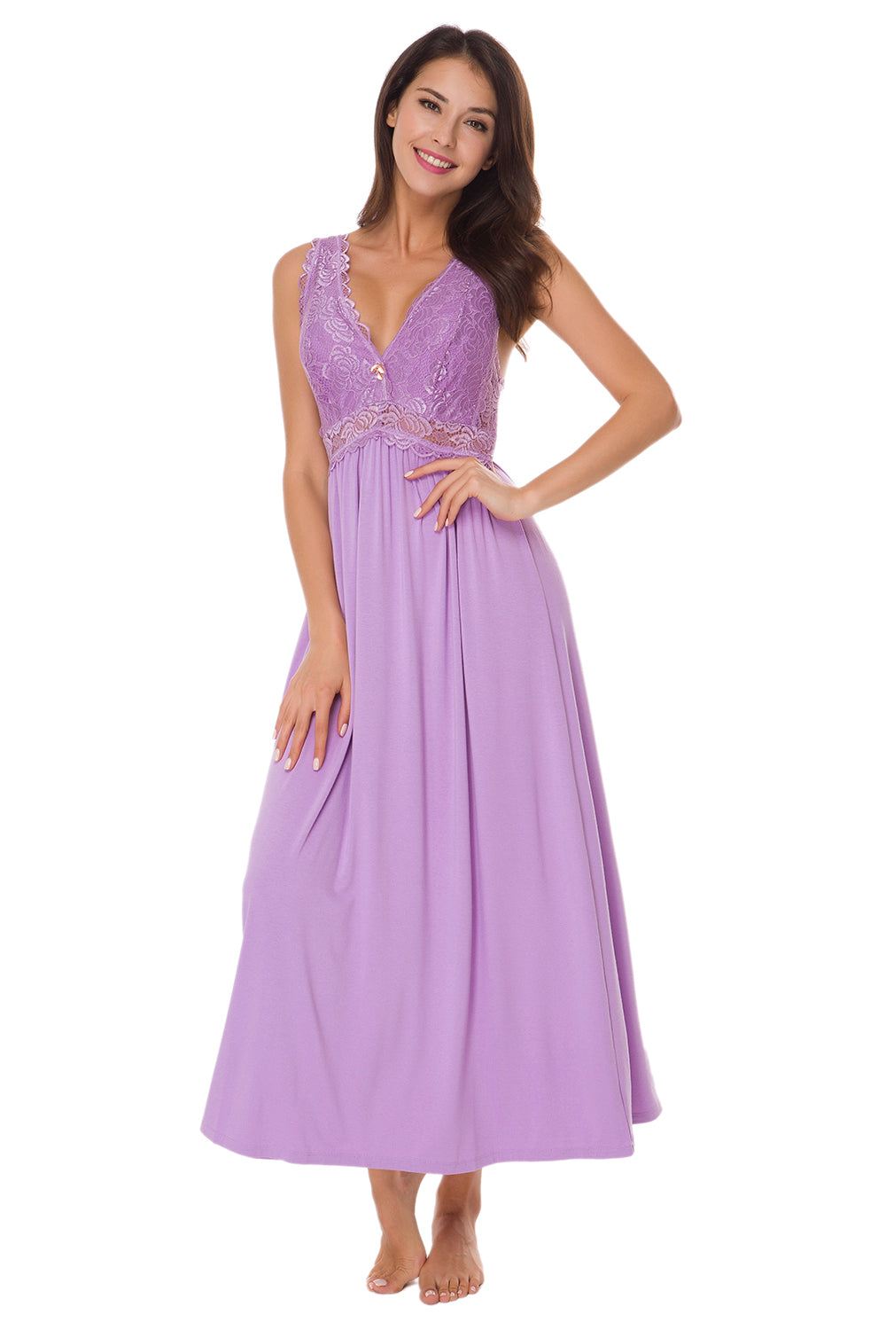 Sexy Lace Jersey Elegant Long Nightgown Chemises Lavender