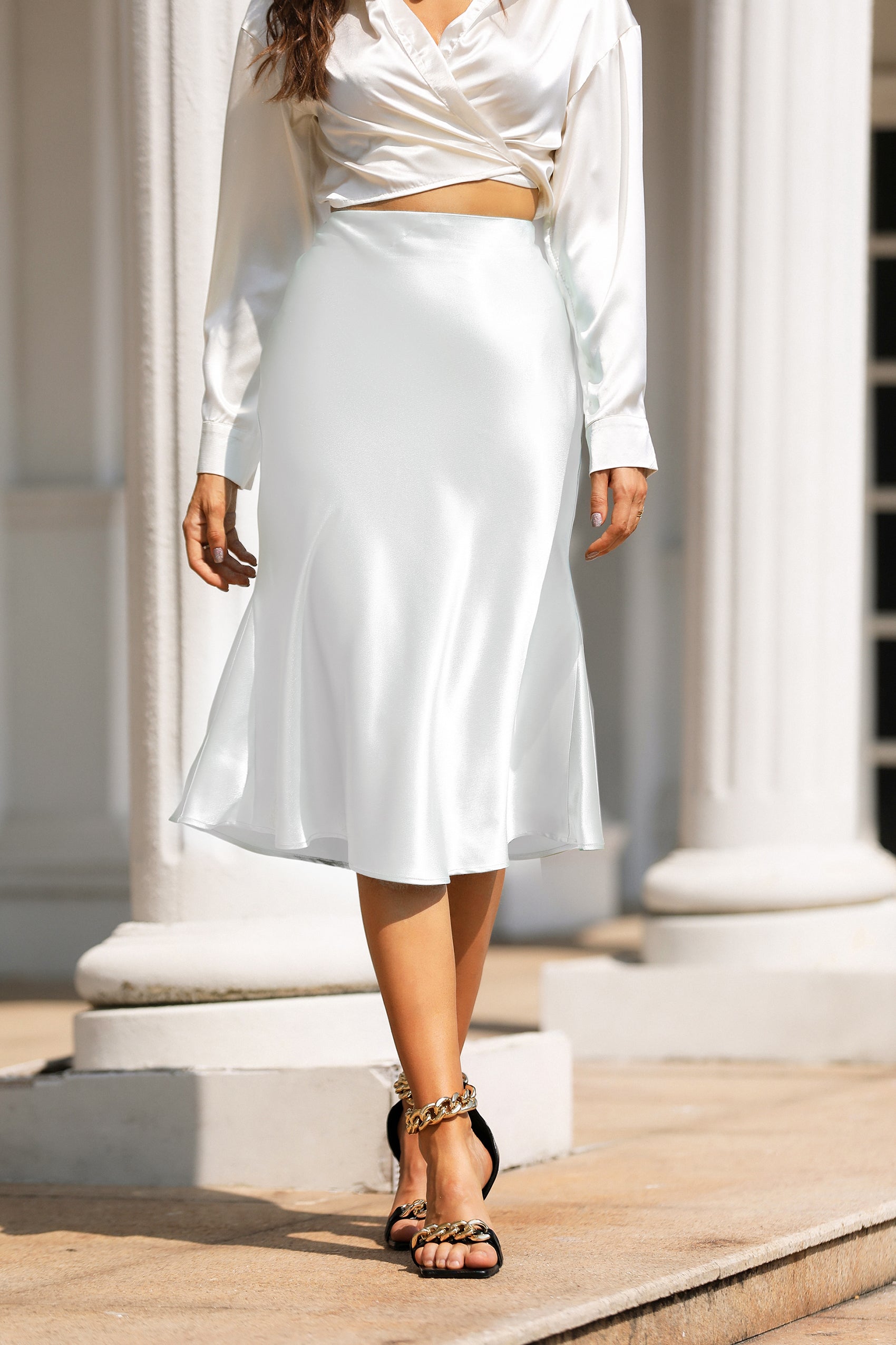 High Waist Silky Satin Fishtail Midi Skirt White