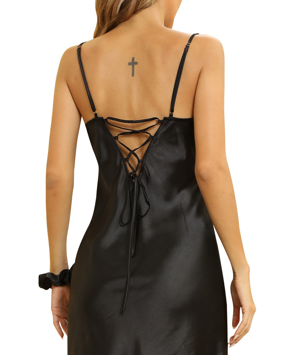 ALCEA ROSEA Women Silk Satin Nightgown Sexy Lace Chemise Lingerie Long Sleepdress for Ladies Sleepwear Slip Negligee Black