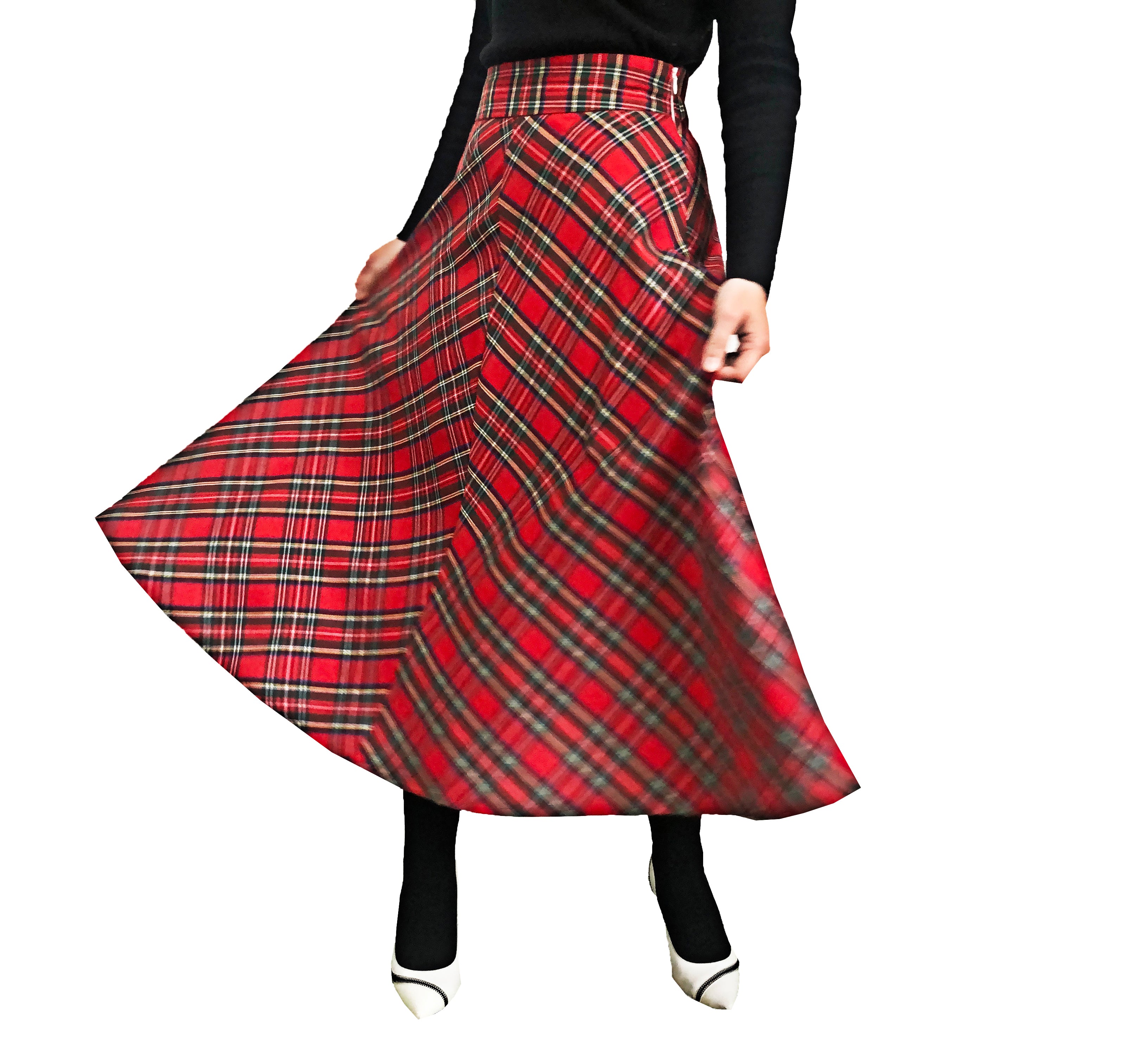 Womens High Waist Plaid Midi Skirt Red Plaid