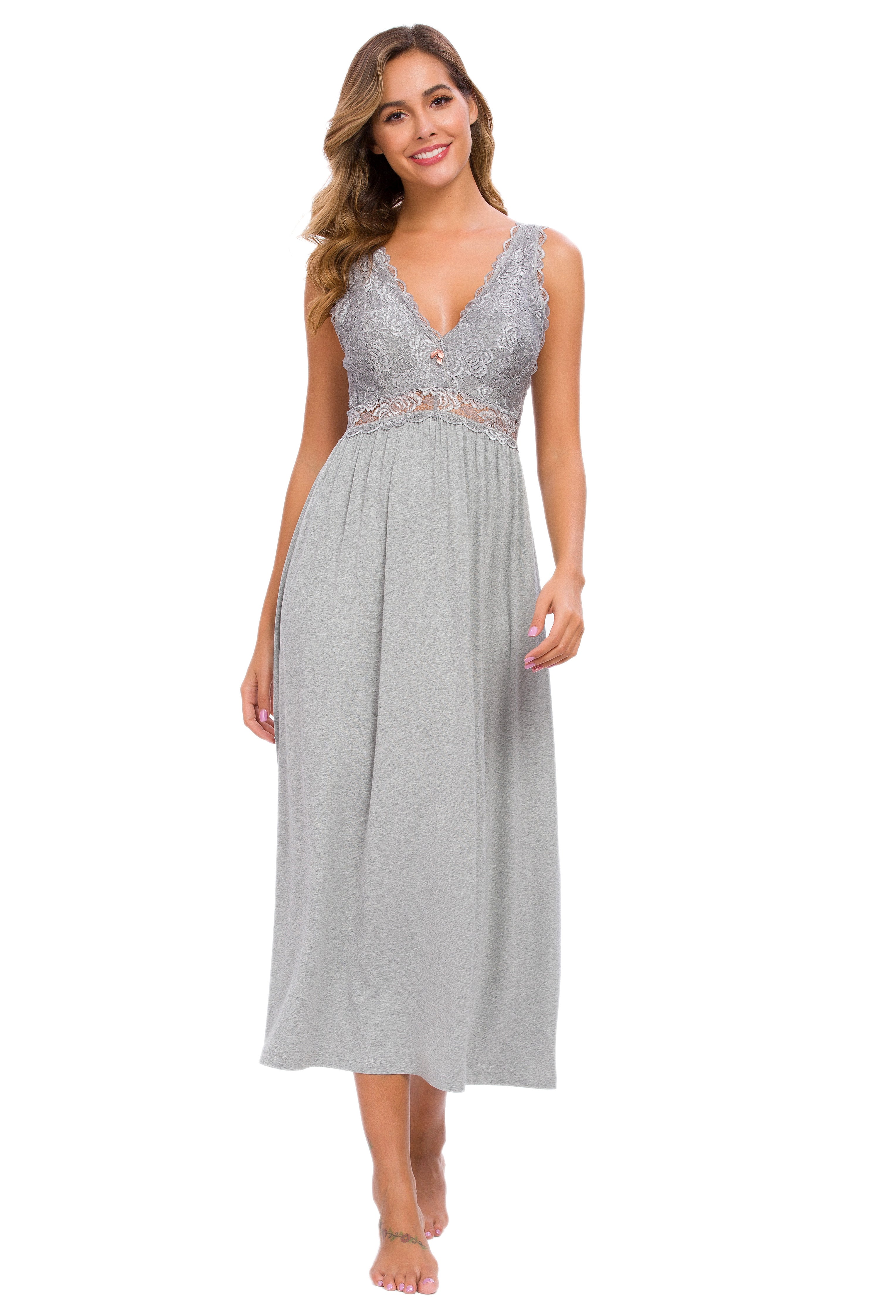 Sexy Lace Jersey Elegant Long Nightgown Chemises Grey