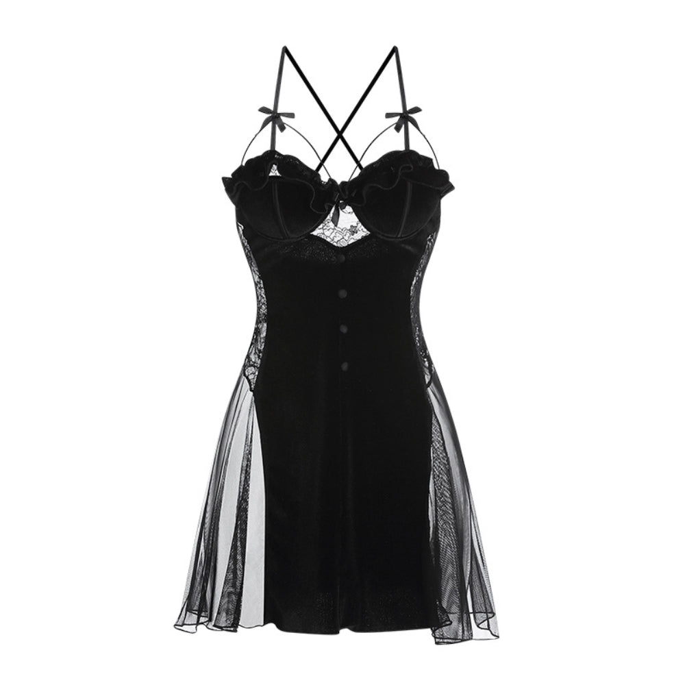 Velvet Lingerie with Decolletage Halter Nightdress Lace-up Homey Suit