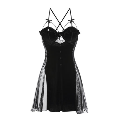 Velvet Lingerie with Decolletage Halter Nightdress Lace-up Homey Suit