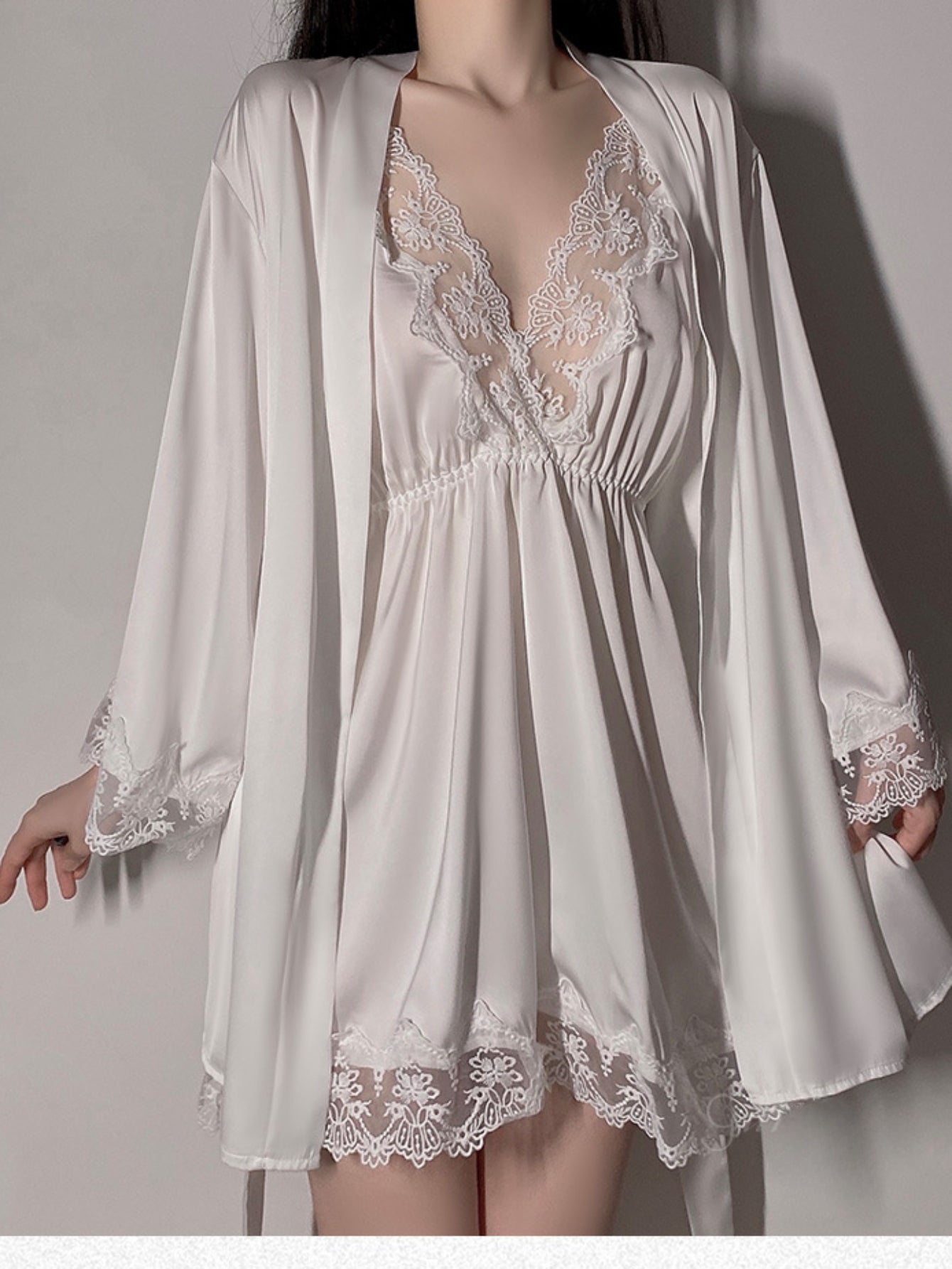 Satin Lace Sexy Deep V Camisole Nightwear Lace-up Lingerie Solid Color Robe Home Wear Set White