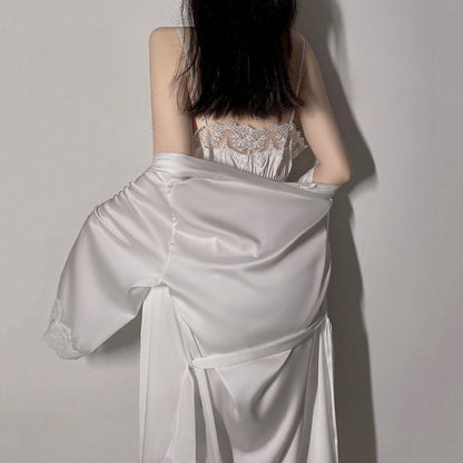 Satin Lace Sexy Deep V Camisole Nightwear Lace-up Lingerie Solid Color Robe Home Wear Set White