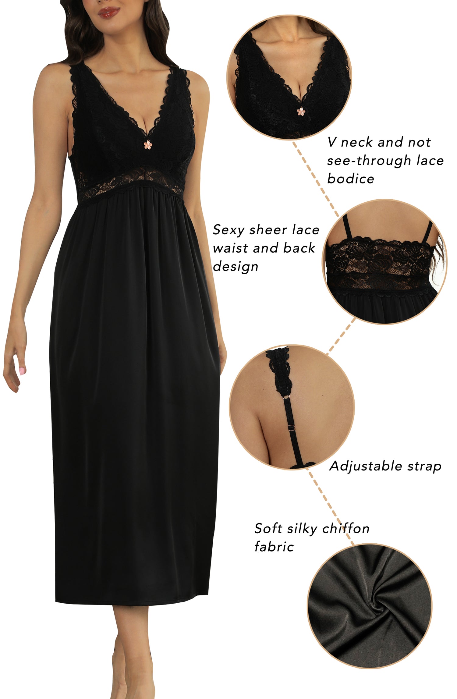 ALCEA ROSEA Womens Silky Nightgown Sexy Lace Lingerie Long V Neck Chemise Sleeveless for Elegant Women Black