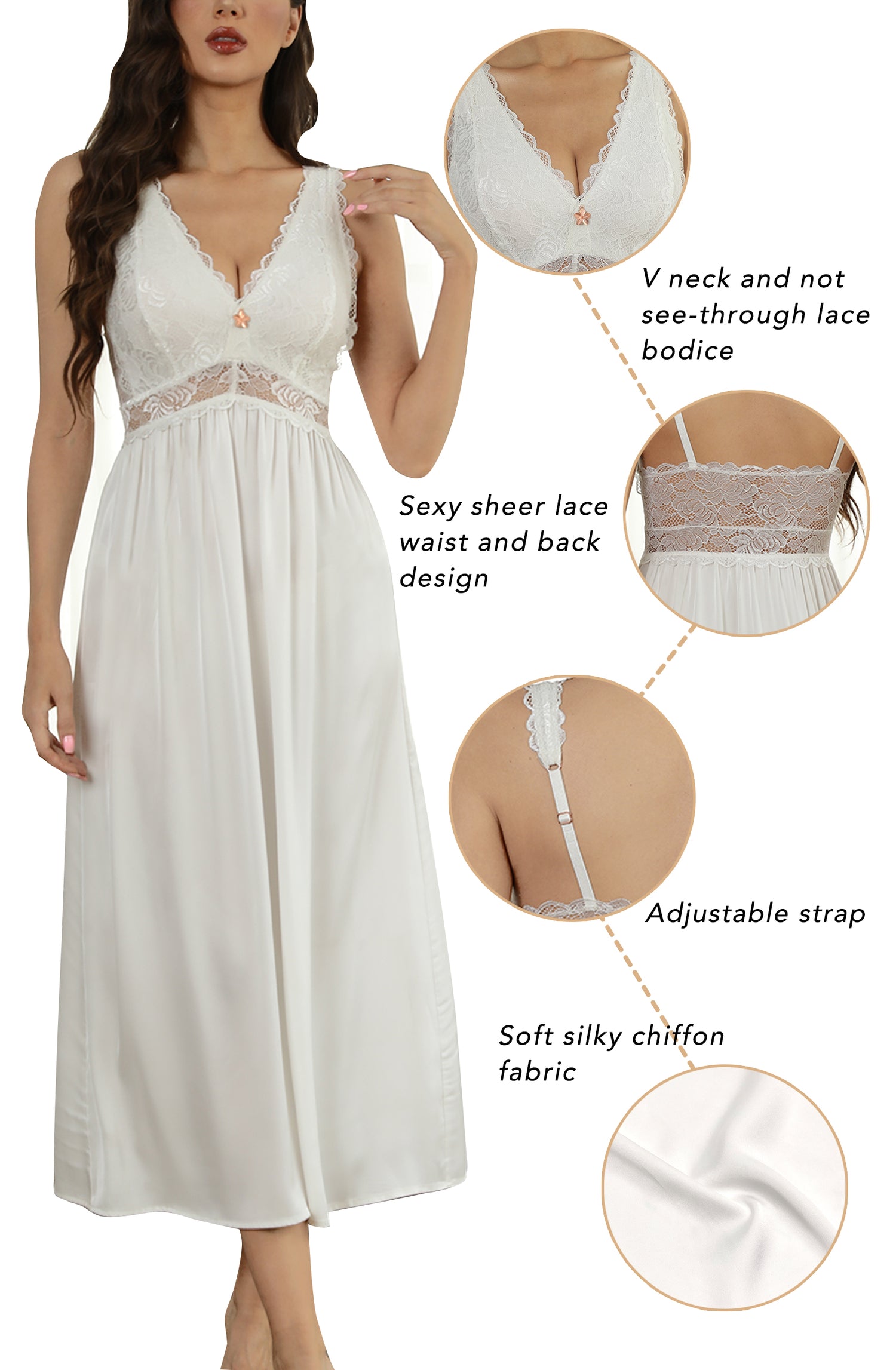 ALCEA ROSEA Womens Silky Nightgown Sexy Lace Lingerie Long V Neck Chemise Sleeveless for Elegant Women White