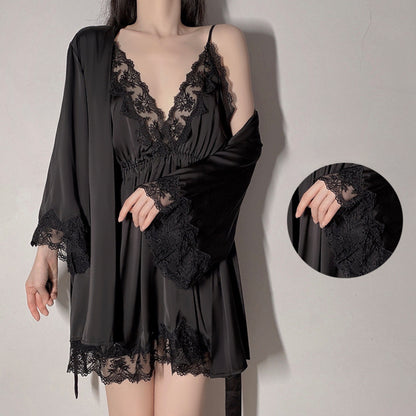 Satin Lace Sexy Deep V Camisole Nightwear Lace-up Lingerie Solid Color Robe Home Wear Set Black